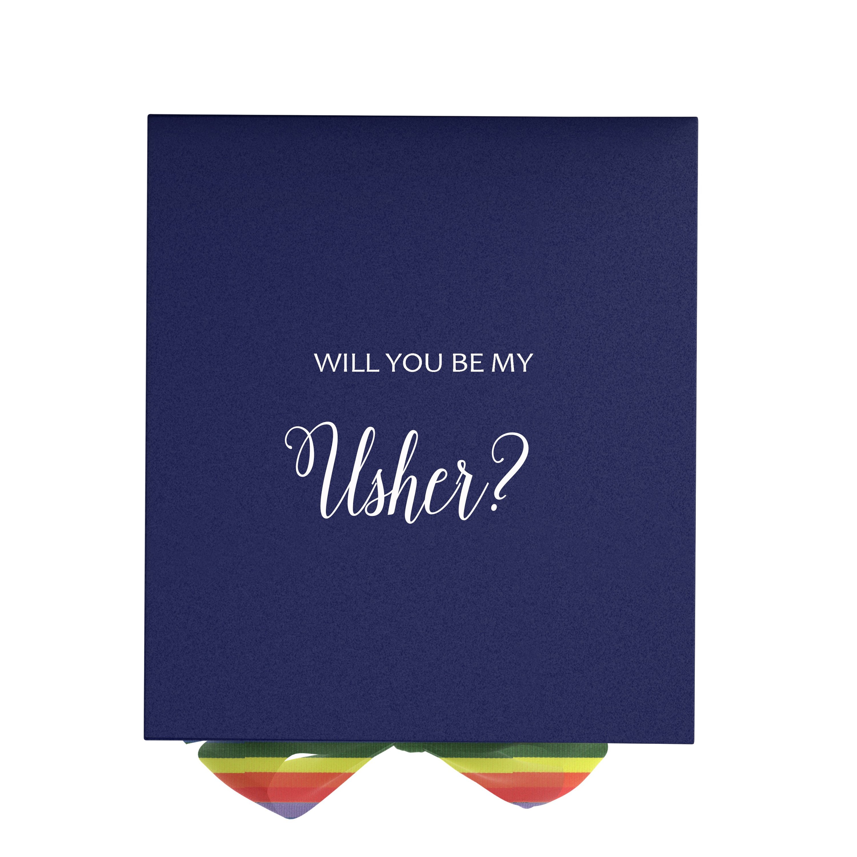 Navy proposal box with metallic writing and rainbow ribbon, showcasing its elegant design and luxurious finish.