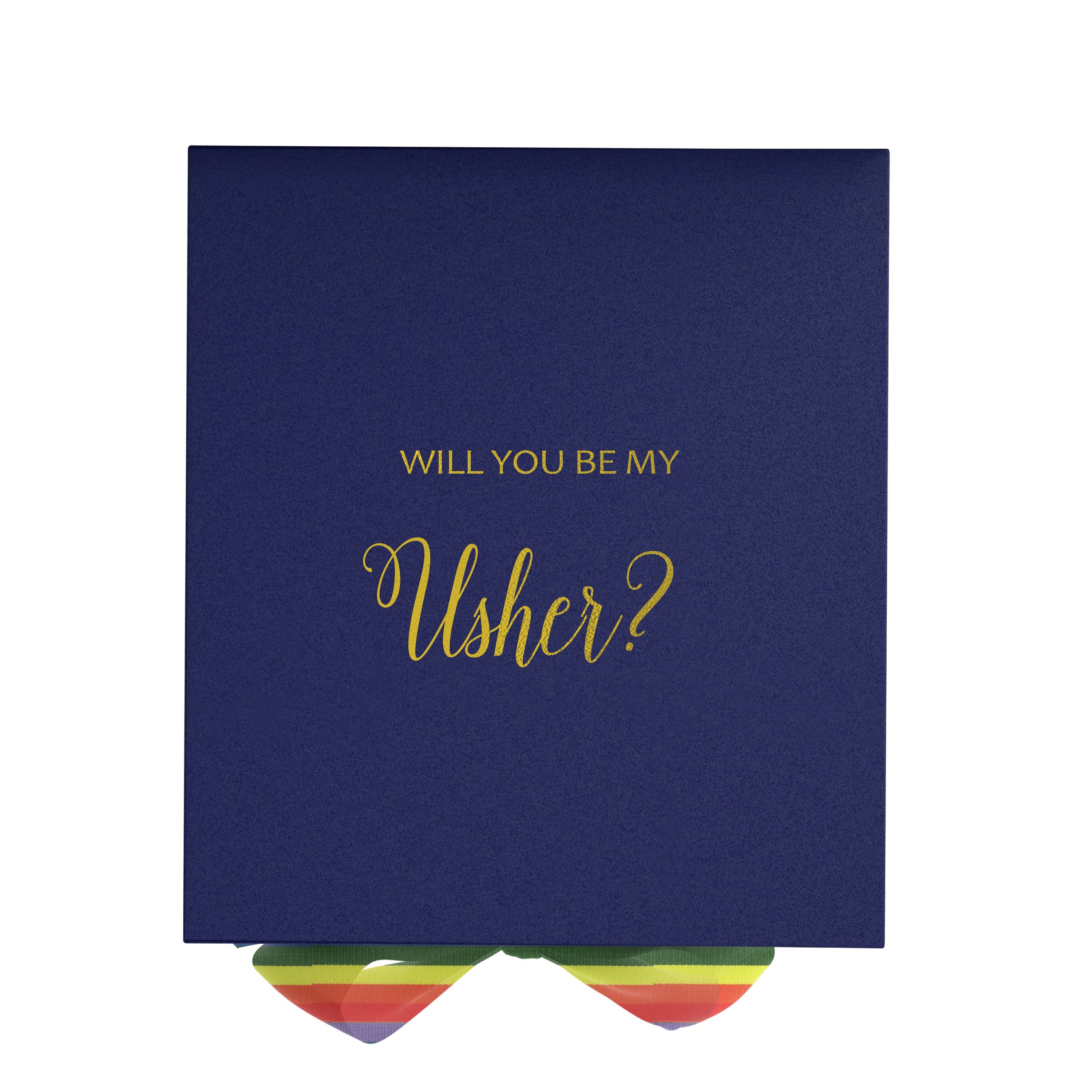 Navy proposal box with metallic writing and rainbow ribbon, showcasing its elegant design and luxurious finish.