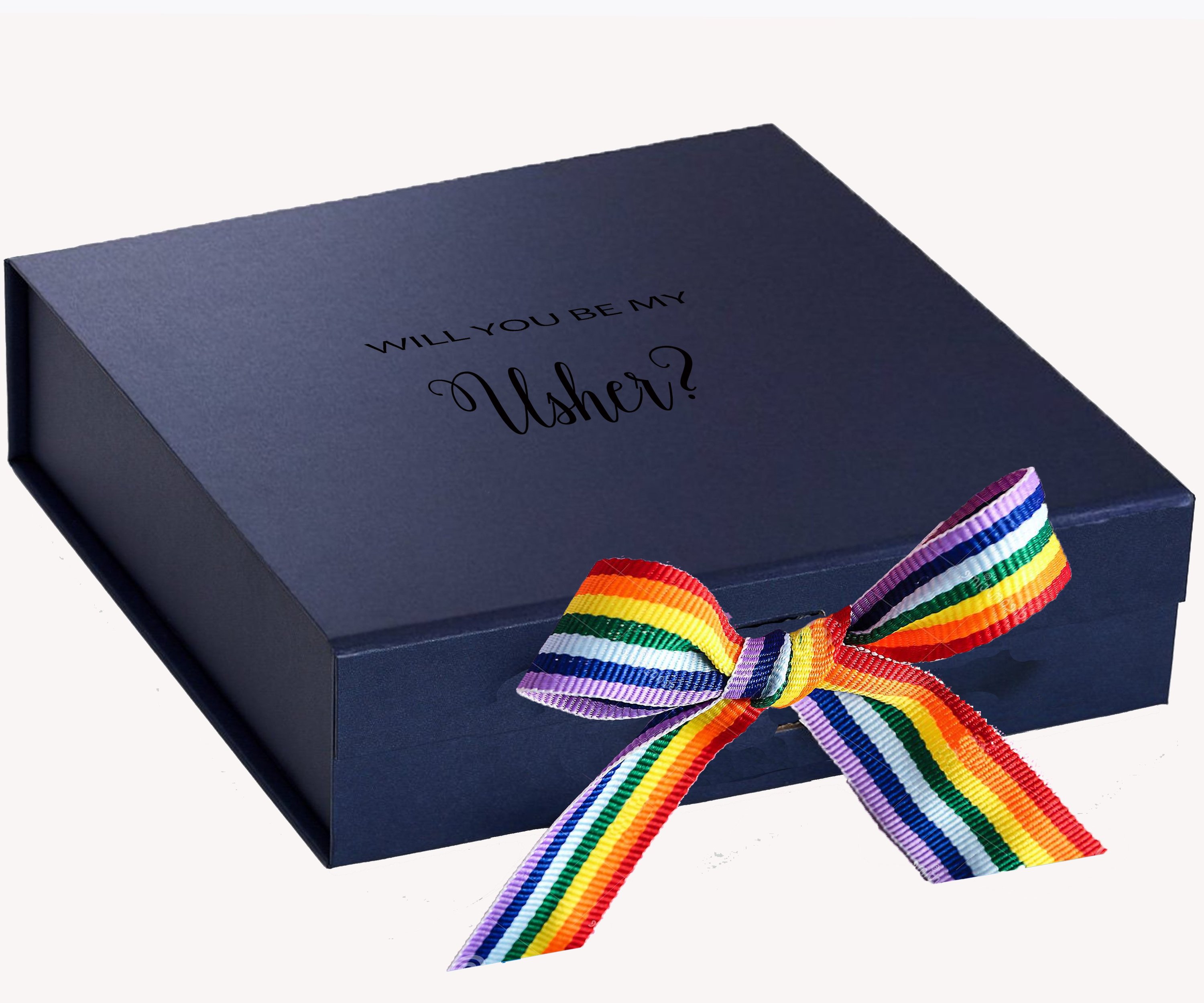 Navy proposal box with metallic writing and rainbow ribbon, showcasing its elegant design and luxurious finish.