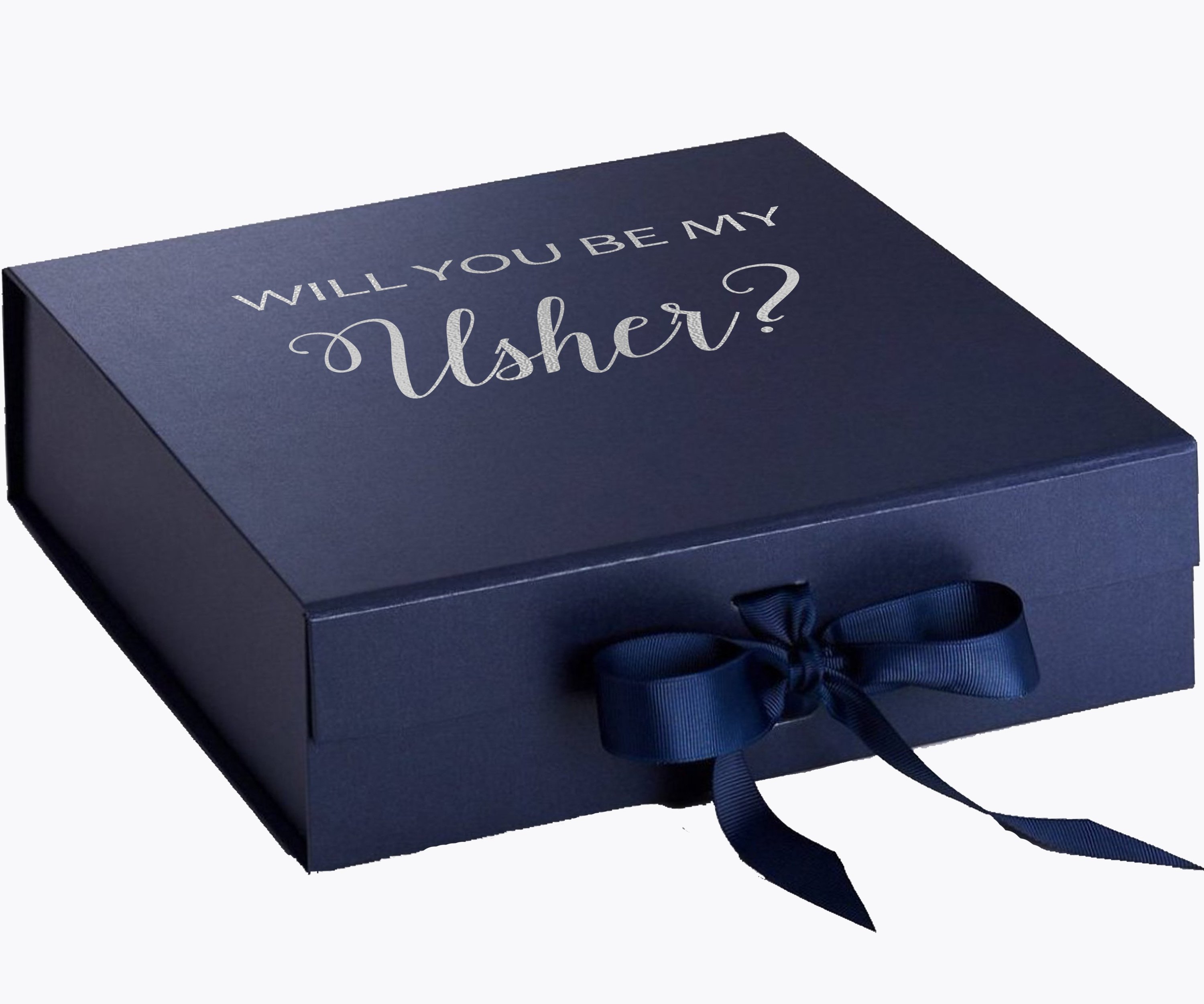 Navy proposal box with metallic writing and bow, showcasing elegant design.