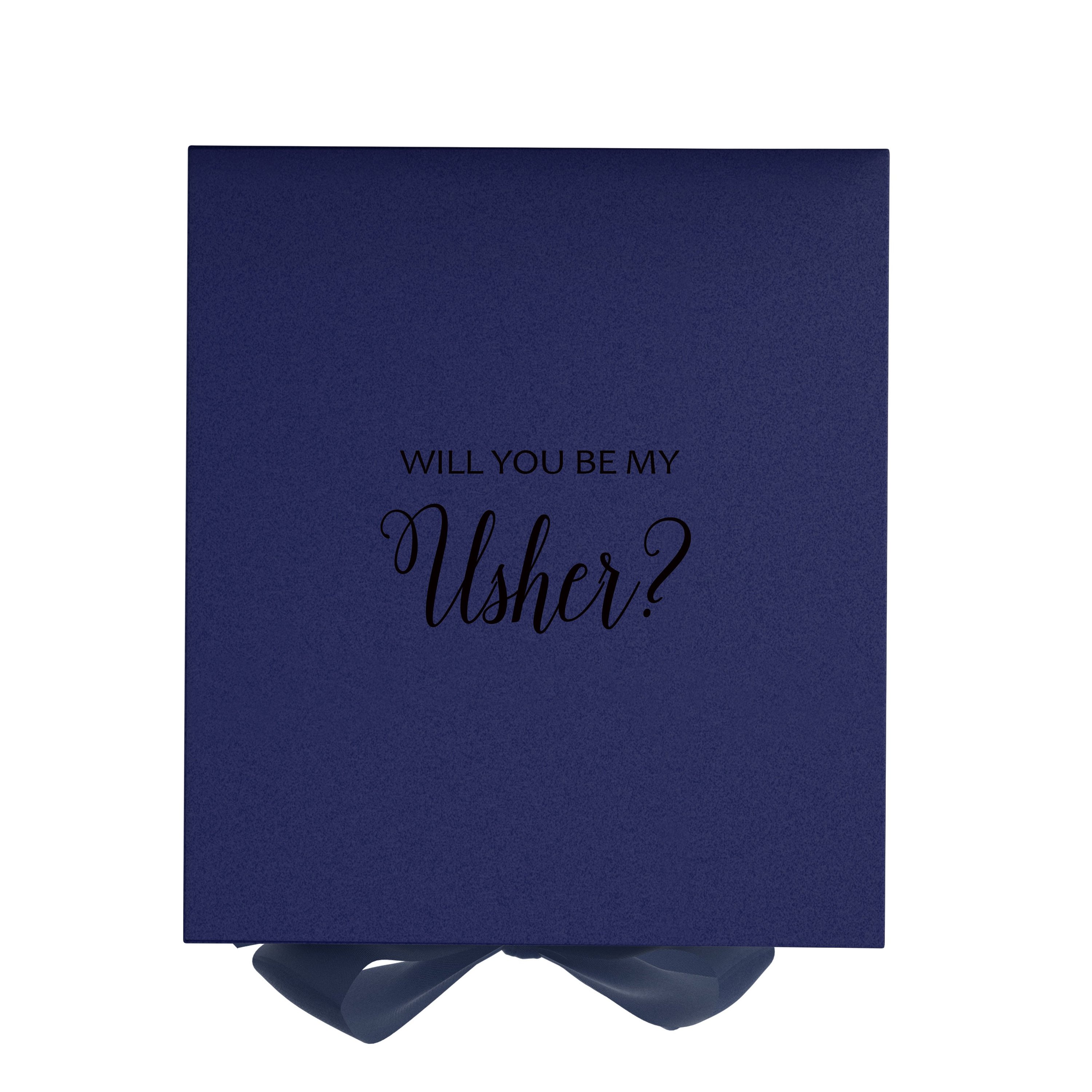 Navy proposal box with metallic writing and bow, showcasing elegant design.