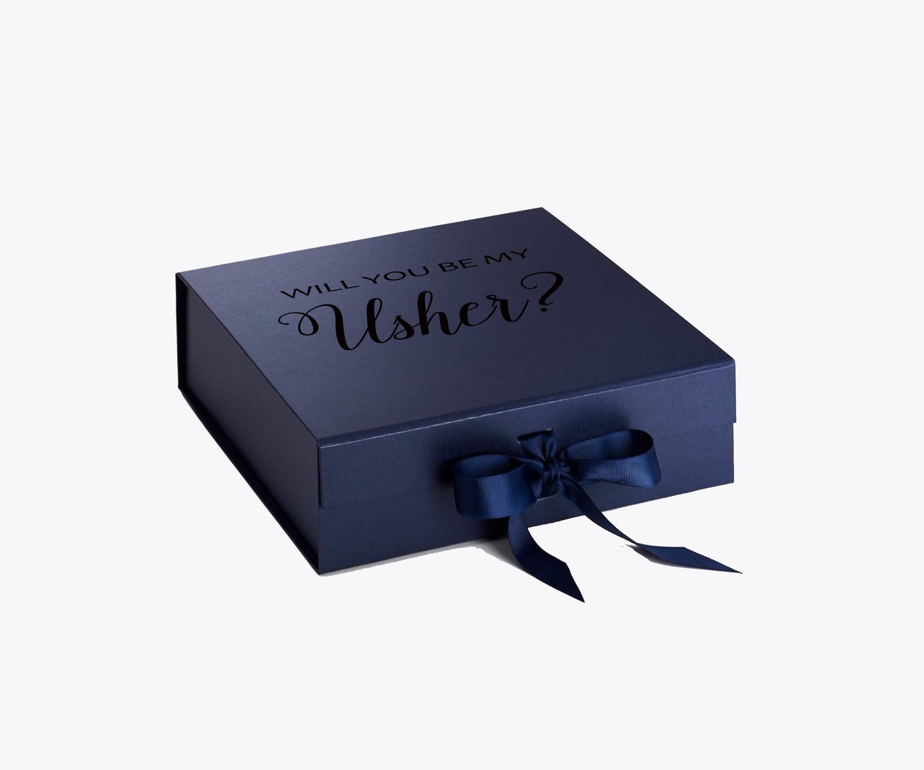 Navy proposal box with metallic writing and bow, showcasing elegant design.