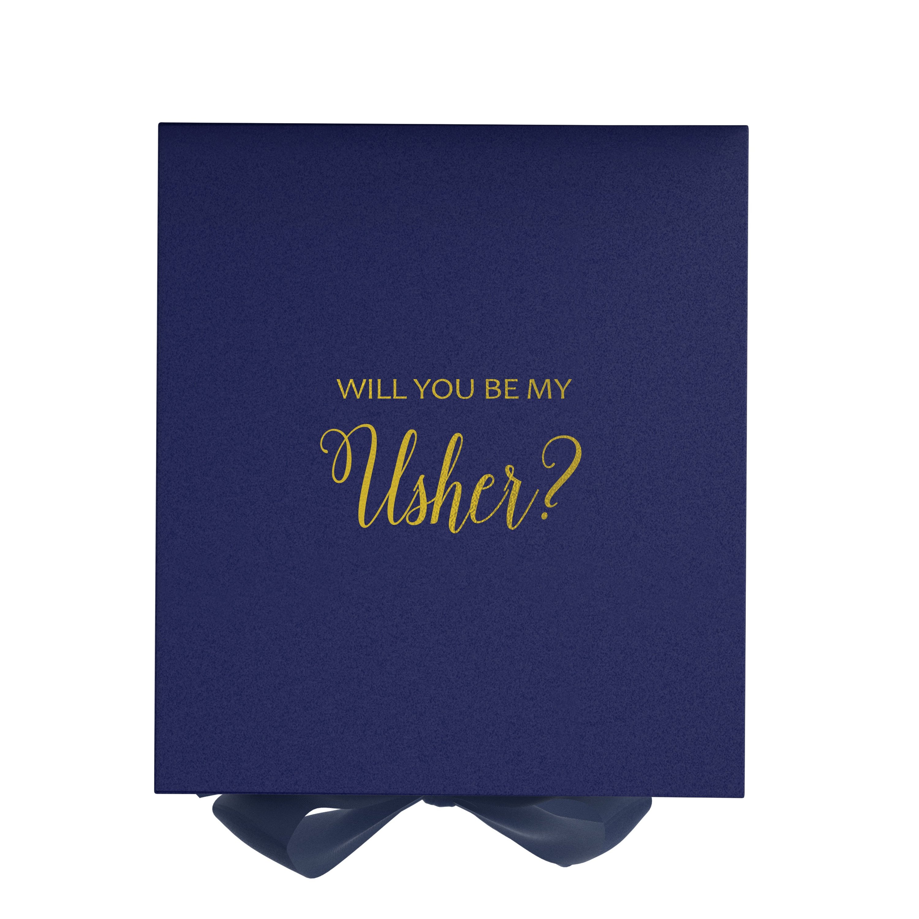 Navy proposal box with metallic writing and bow, showcasing elegant design.