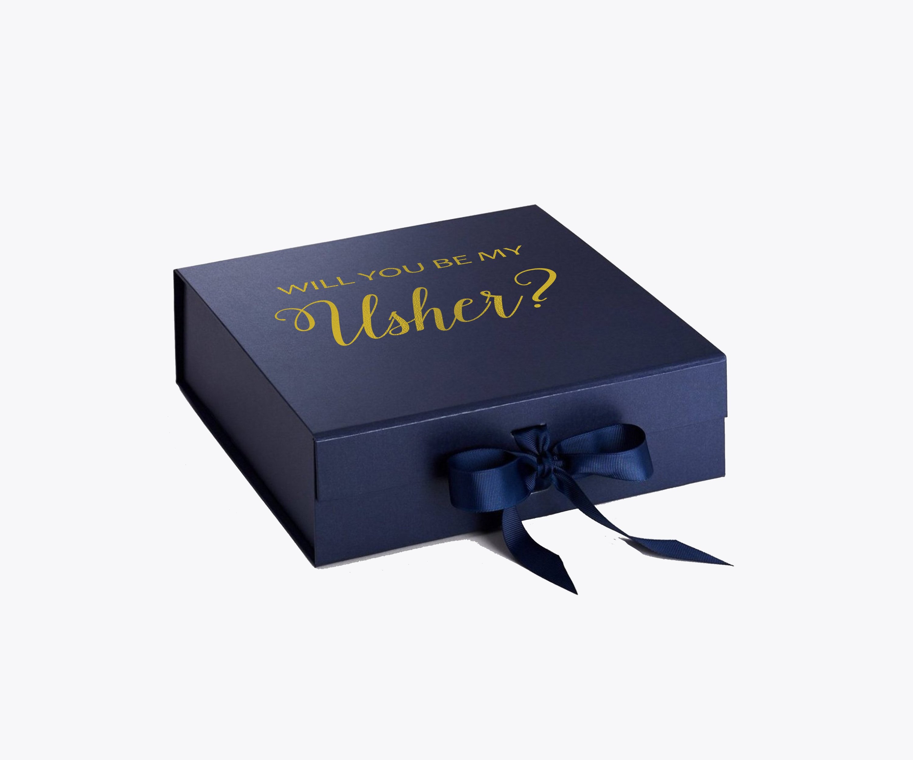 Navy proposal box with metallic writing and bow, showcasing elegant design.
