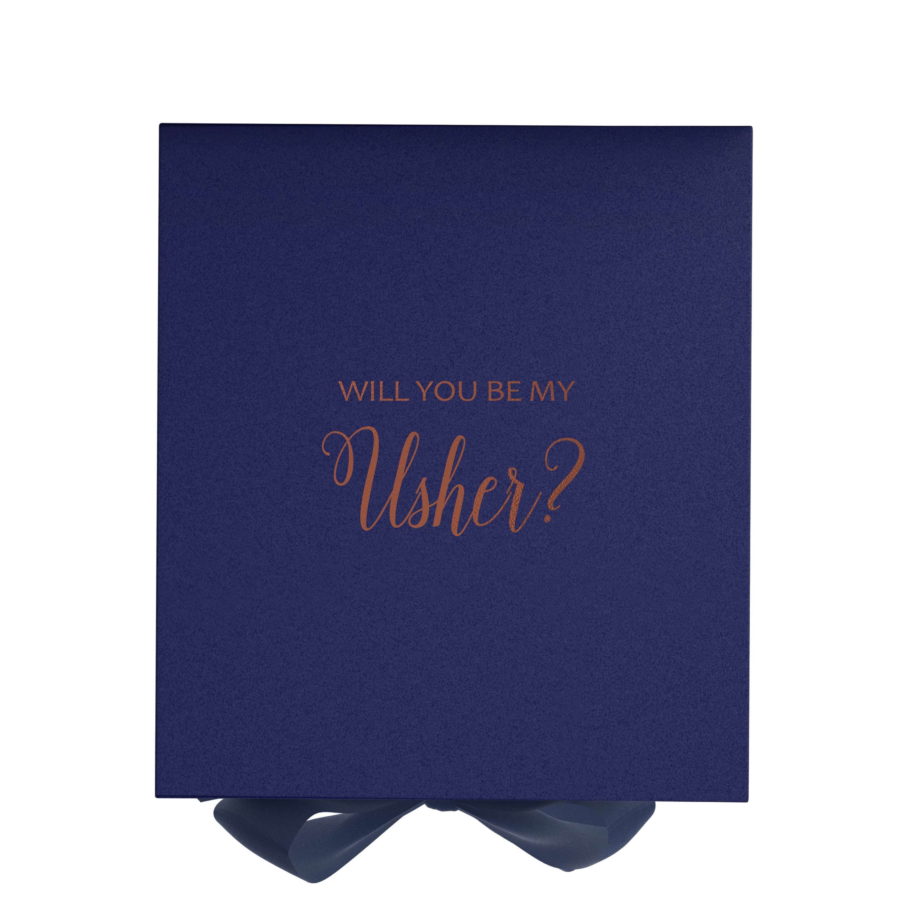 Navy proposal box with metallic writing and bow, showcasing elegant design.
