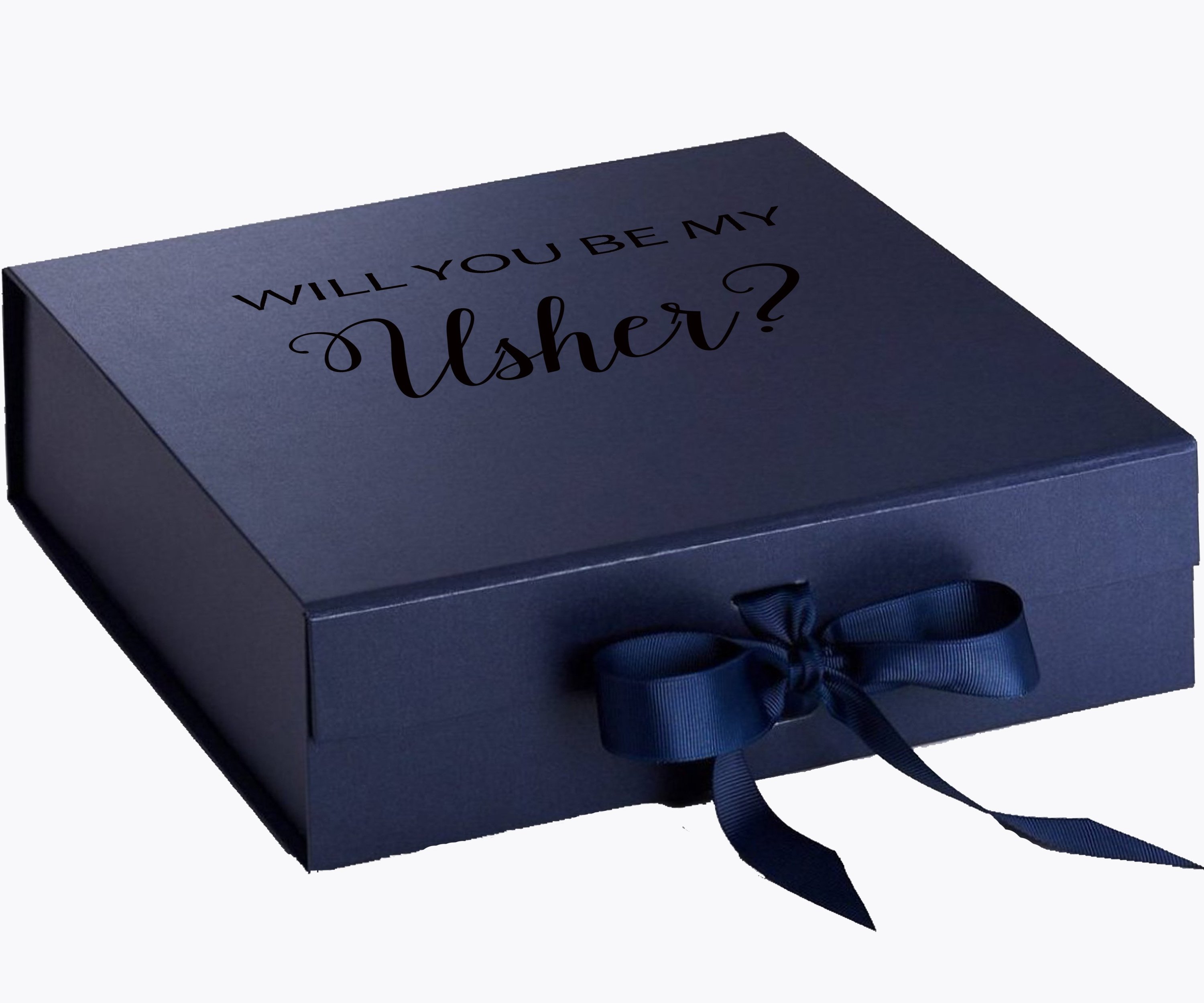 Navy proposal box with metallic writing and bow, showcasing elegant design.