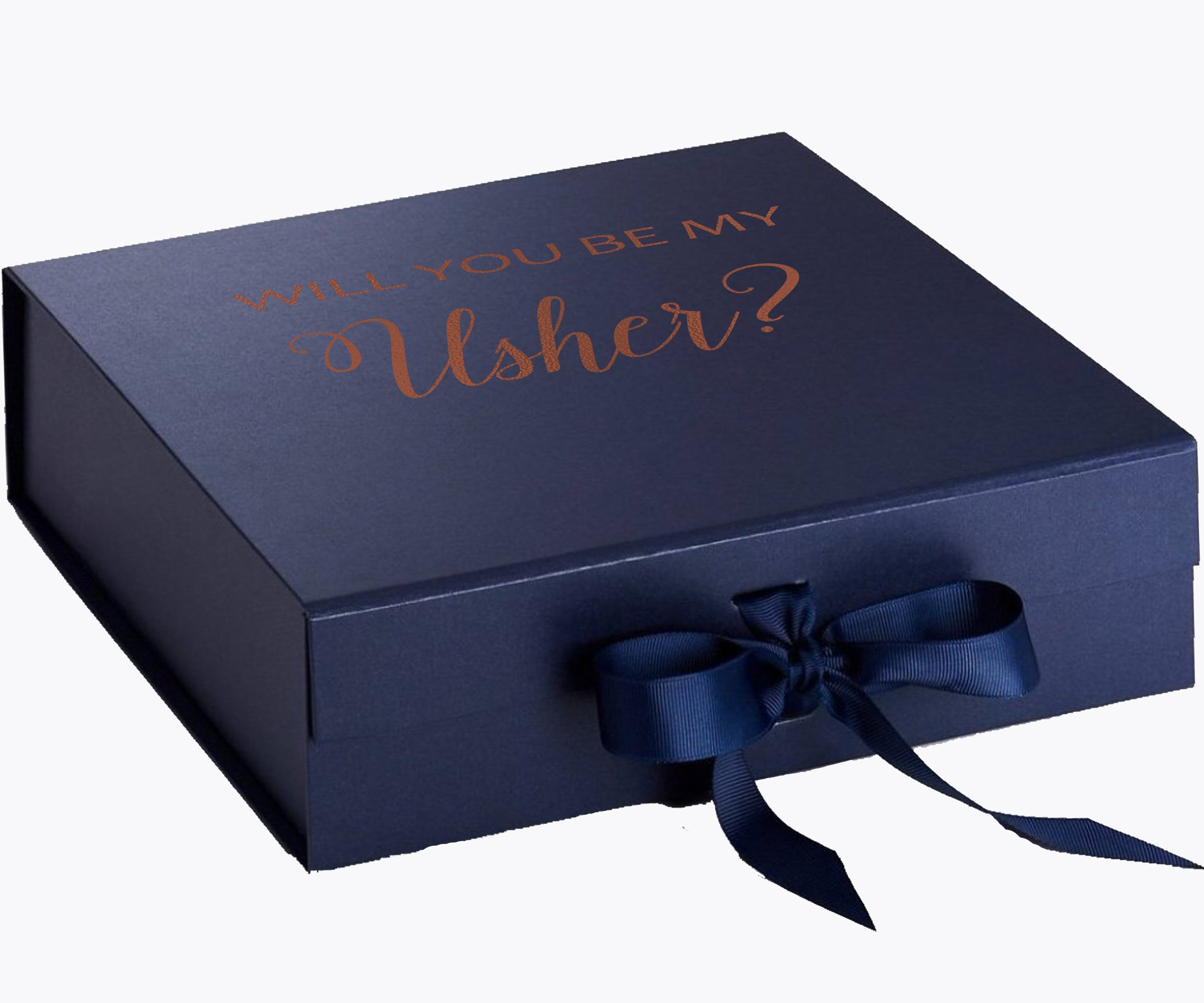 Navy proposal box with metallic writing and bow, showcasing elegant design.