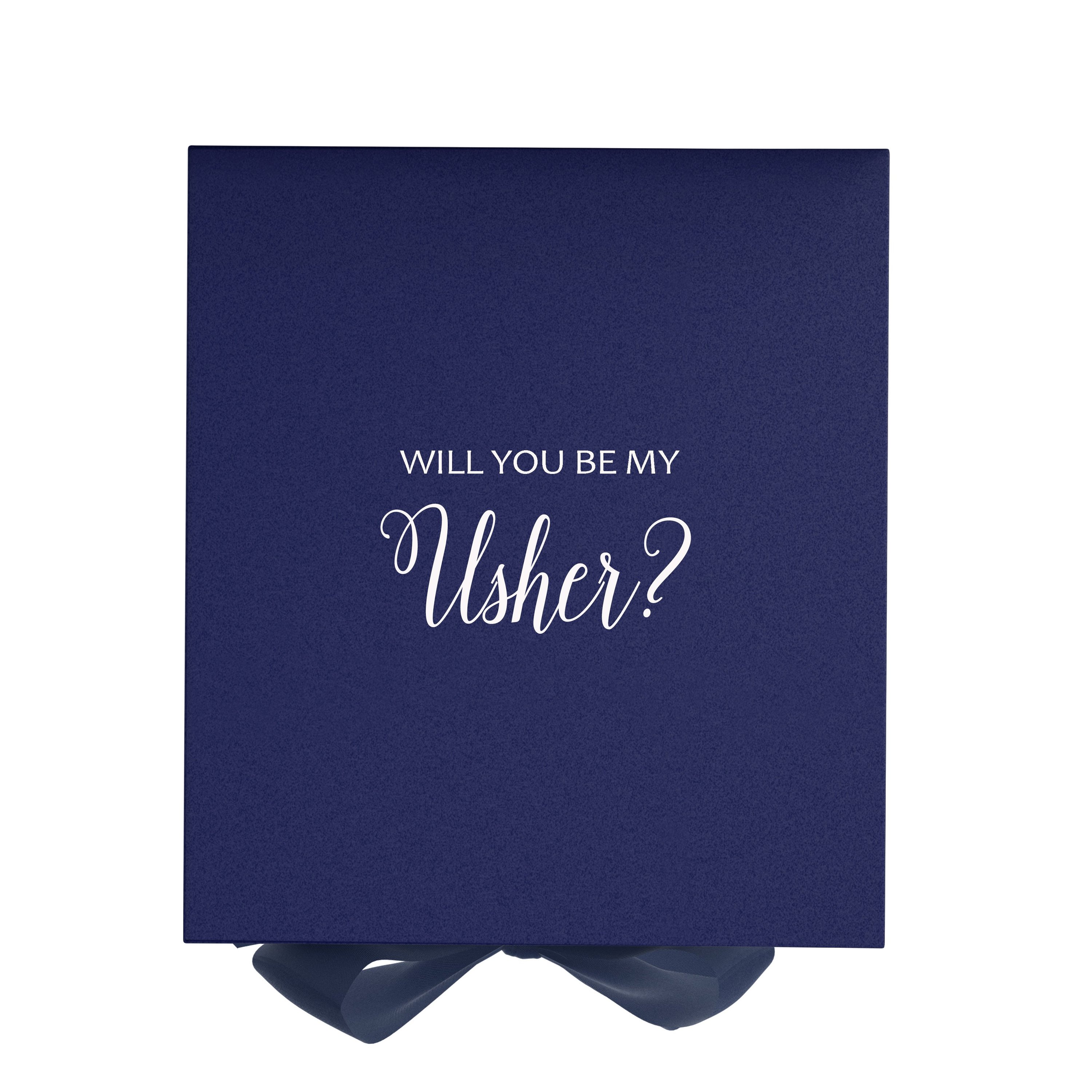 Navy proposal box with metallic writing and bow, showcasing elegant design.