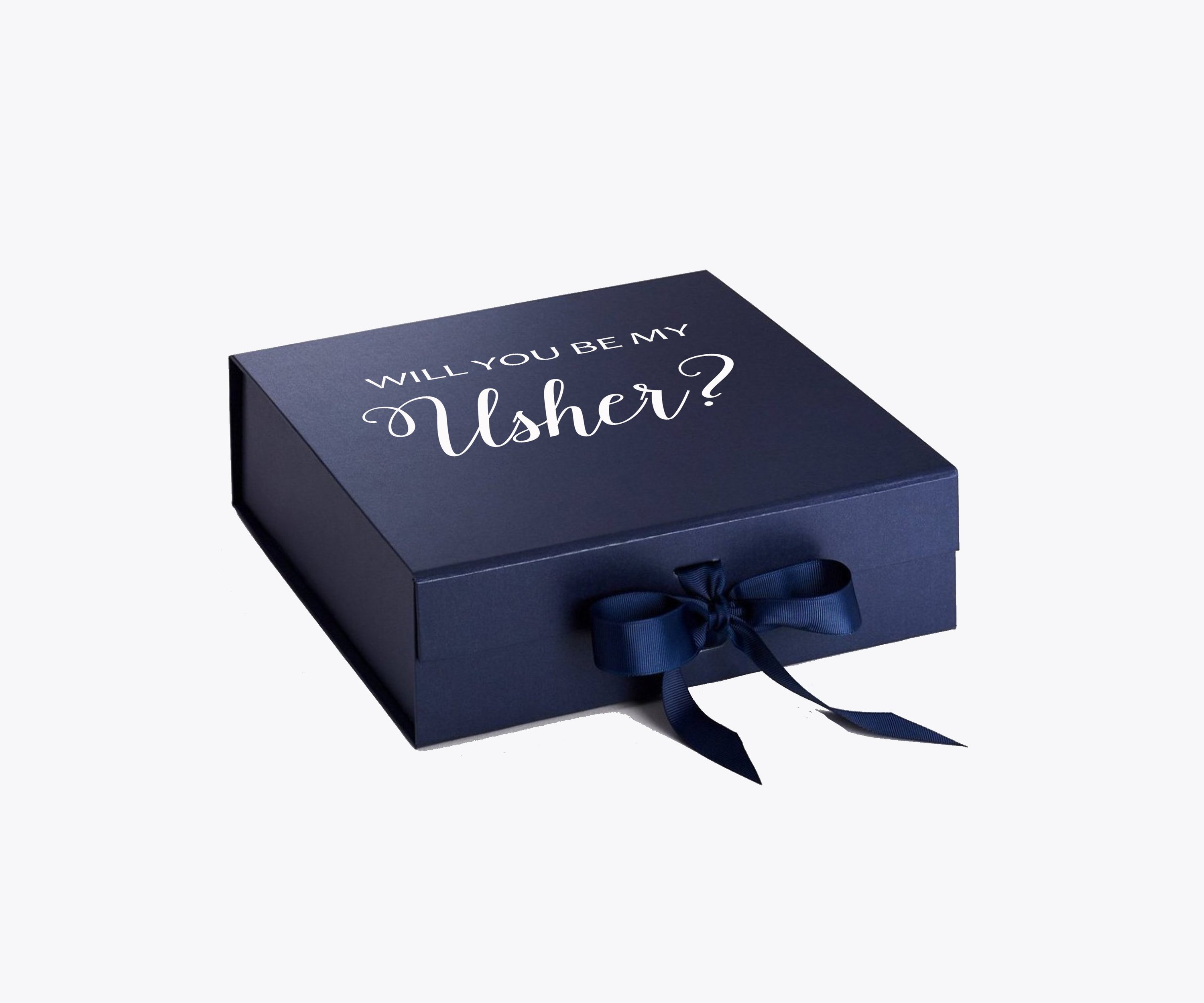 Navy proposal box with metallic writing and bow, showcasing elegant design.