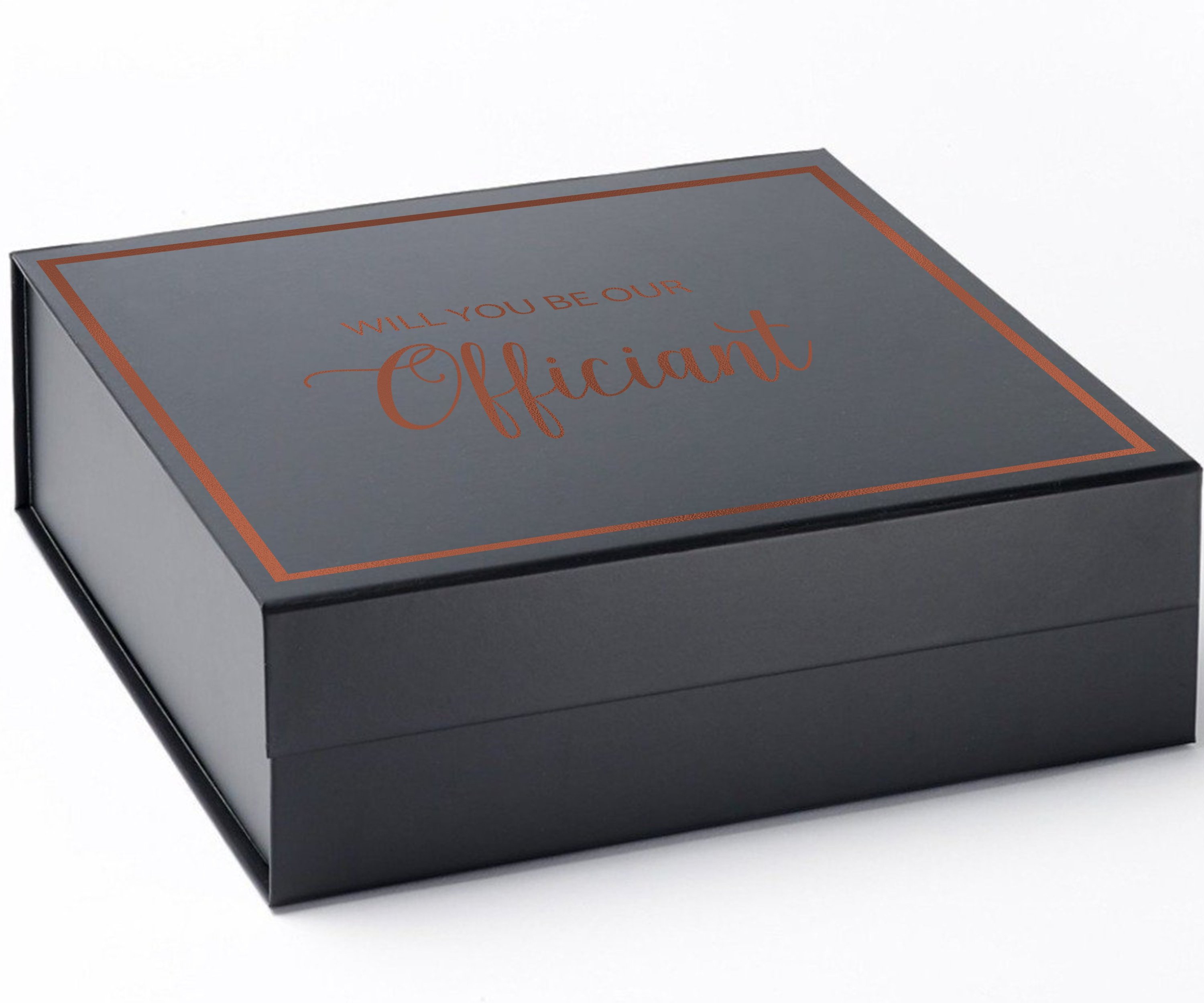 Elegant black proposal box with metallic writing, showcasing a sleek design without ribbon.