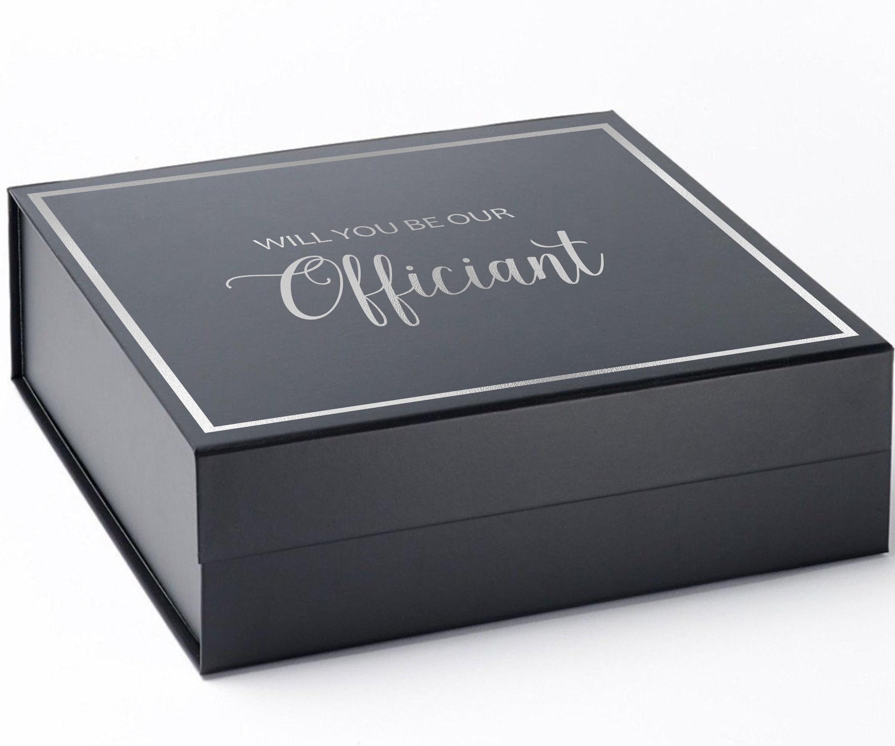 Elegant black proposal box with metallic writing, showcasing a sleek design without ribbon.