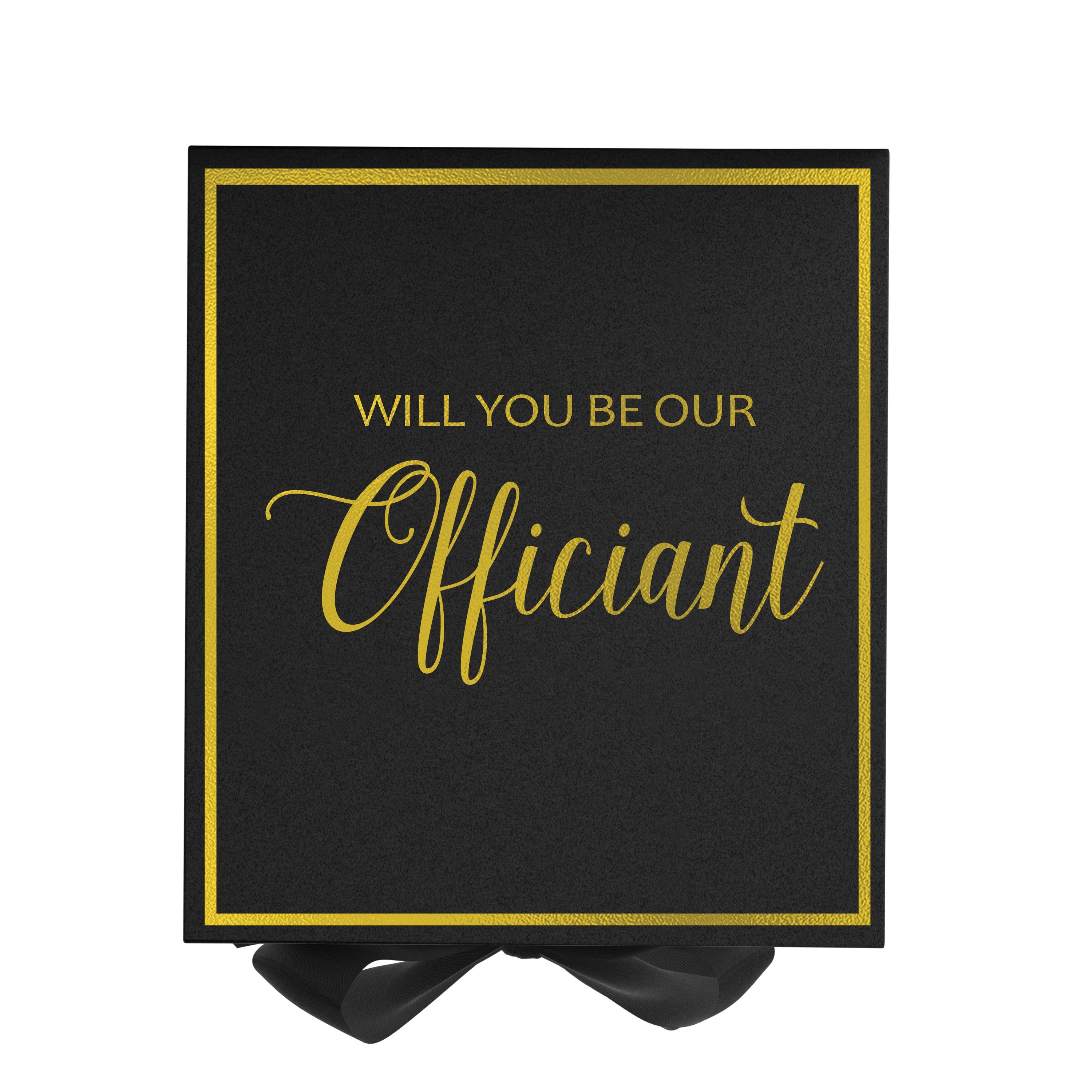 Elegant black proposal box with metallic writing, featuring a black bow and luxurious finish.