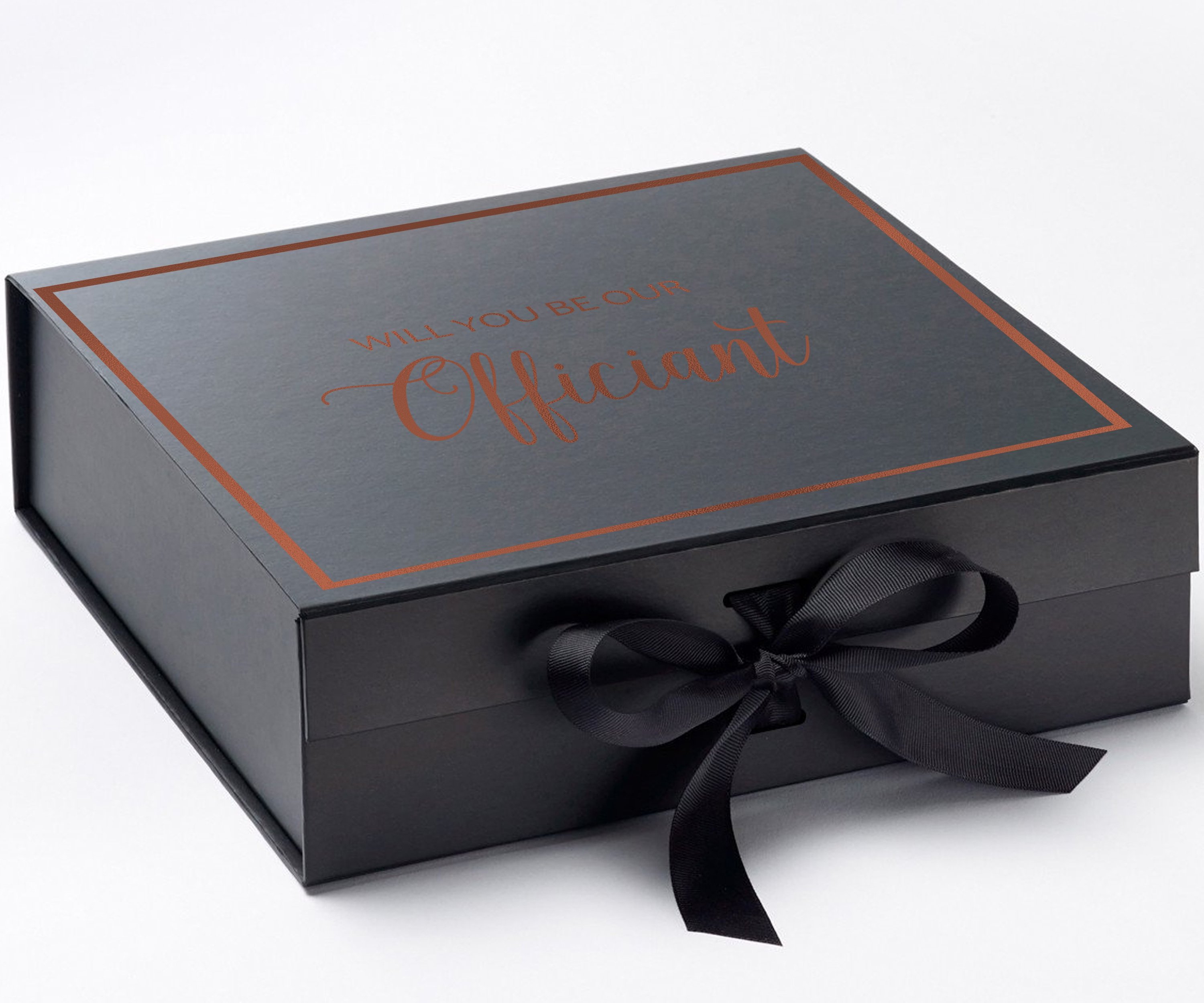 Elegant black proposal box with metallic writing, featuring a black bow and luxurious finish.
