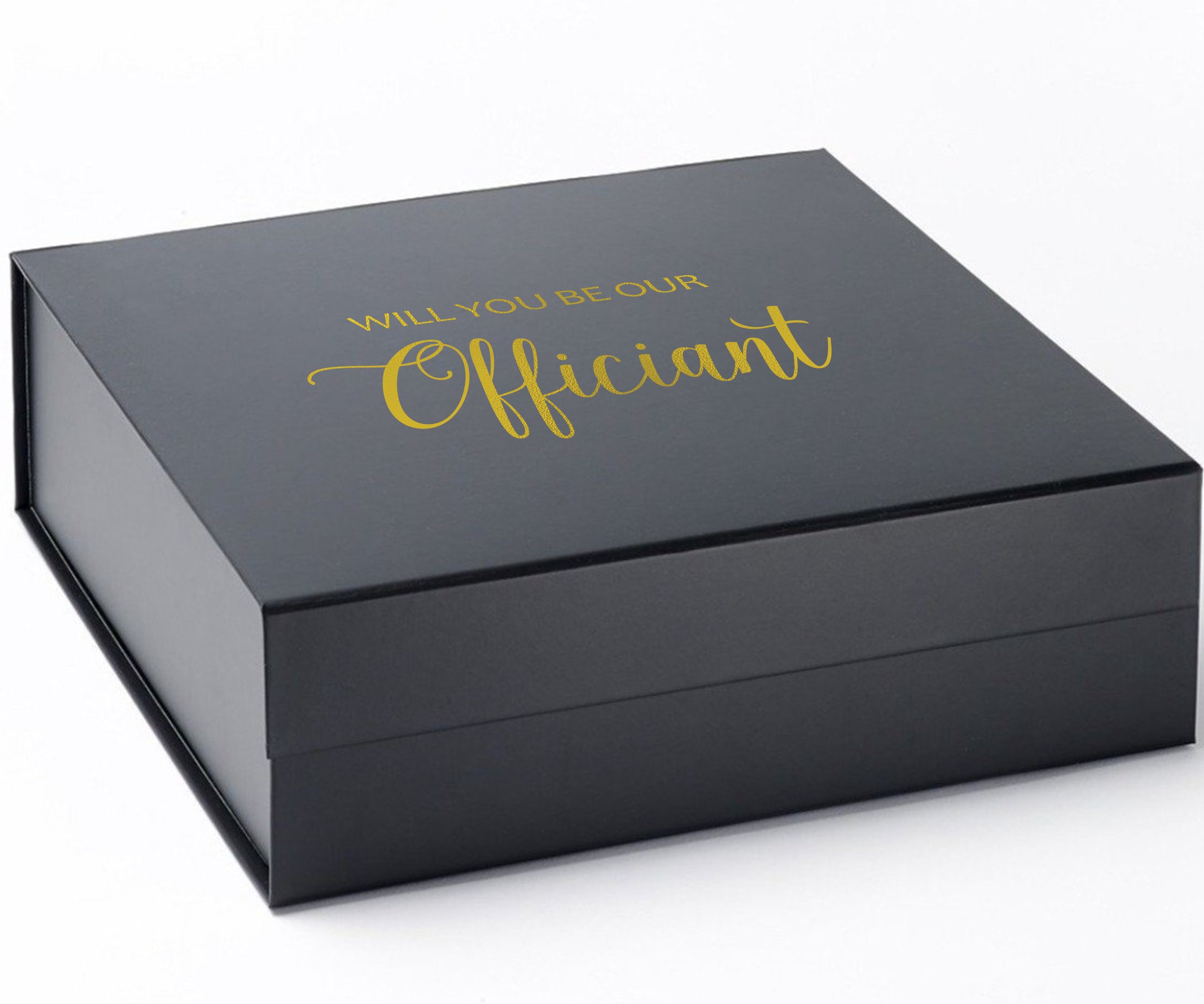 Elegant black proposal box with metallic writing, designed for officiant gifts, featuring a sleek matte finish and magnetic closure.