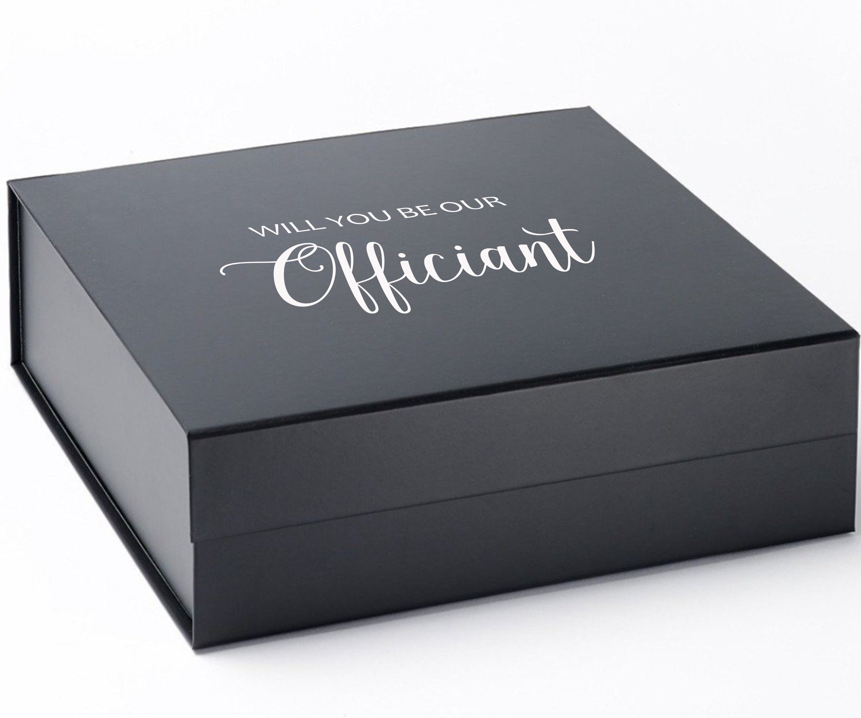 Elegant black proposal box with metallic writing, designed for officiant gifts, featuring a sleek matte finish and magnetic closure.