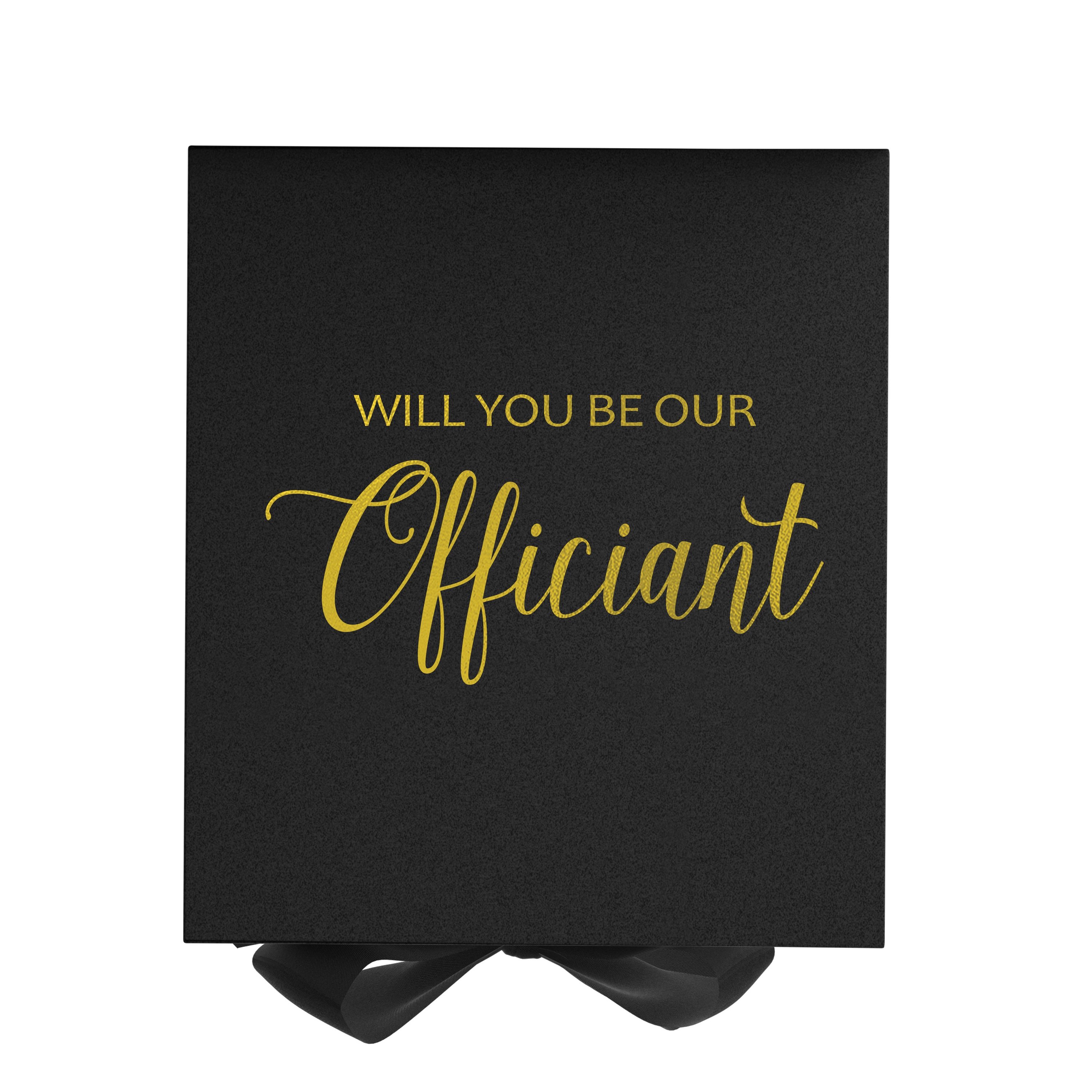 Elegant black proposal box with metallic writing and a black bow, showcasing a luxurious design for officiant proposals.