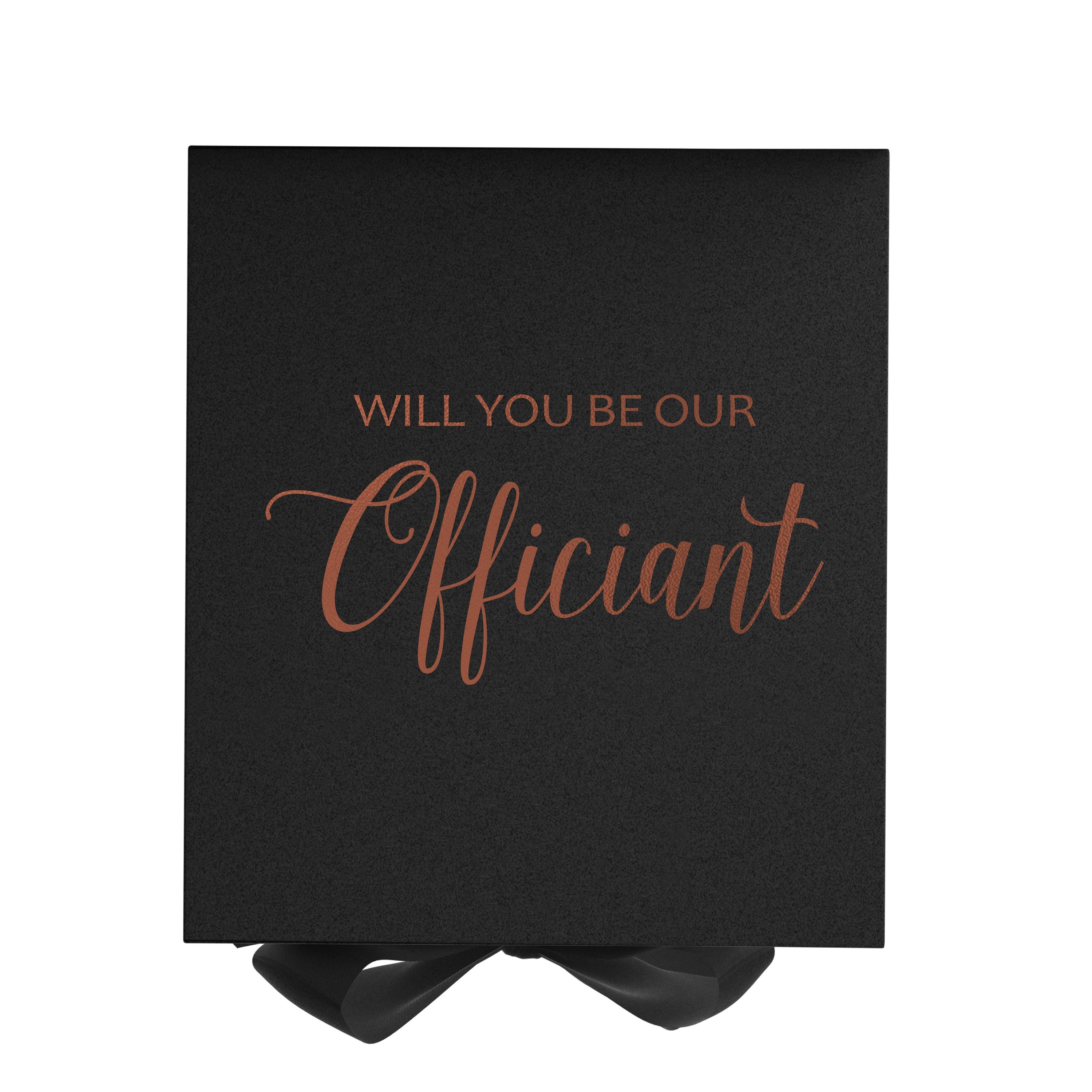 Elegant black proposal box with metallic writing and a black bow, showcasing a luxurious design for officiant proposals.
