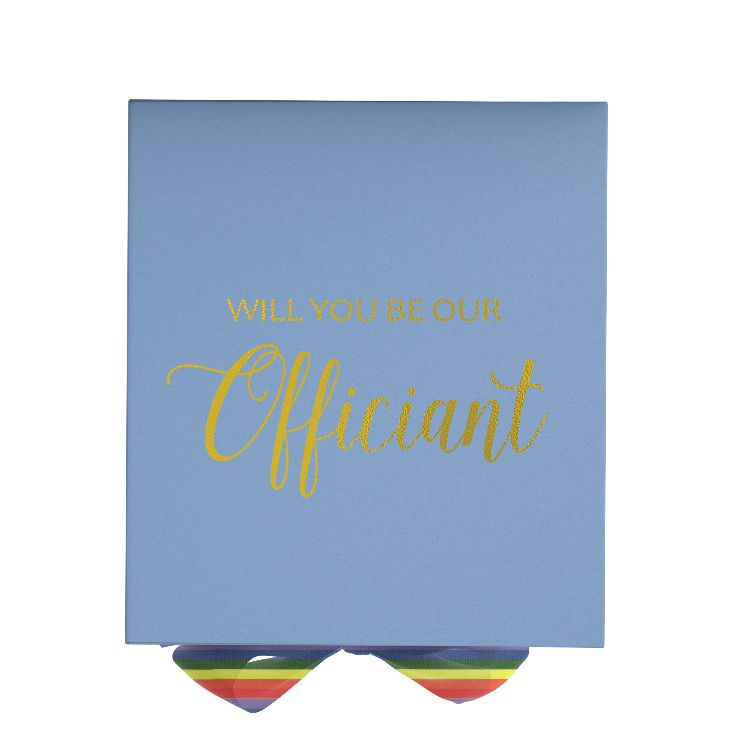 Light blue proposal box with metallic writing and rainbow bow, showcasing elegant design for officiant proposal.