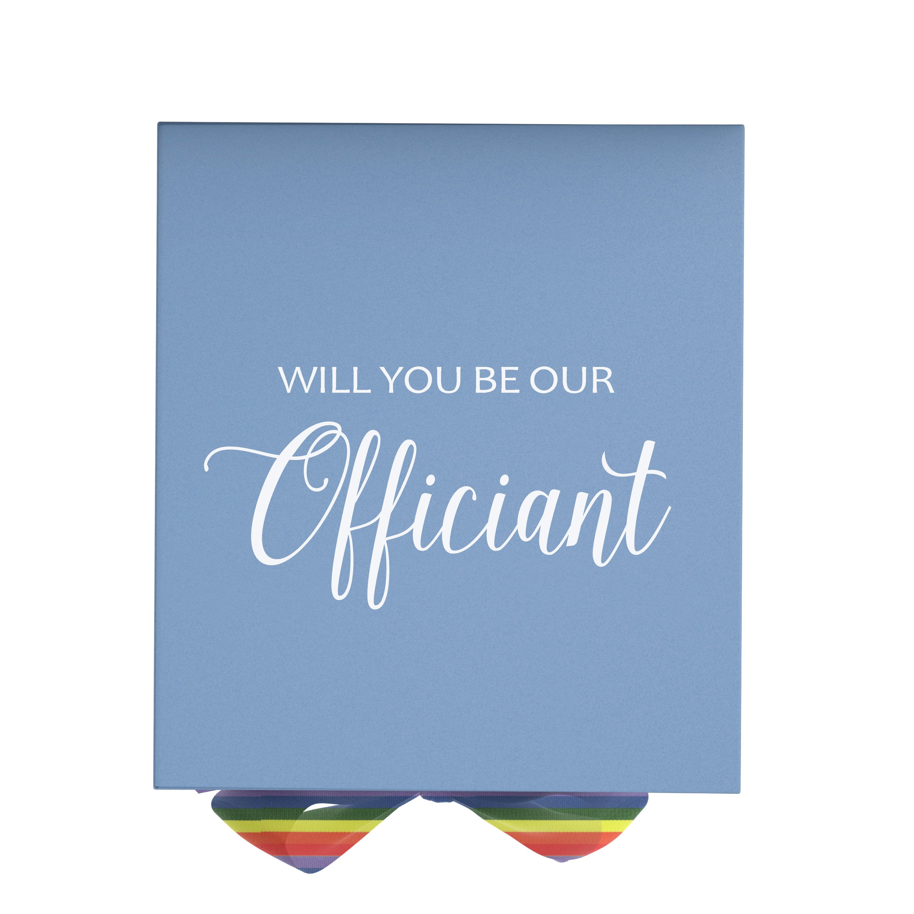 Light blue proposal box with metallic writing and rainbow bow, showcasing elegant design for officiant proposal.