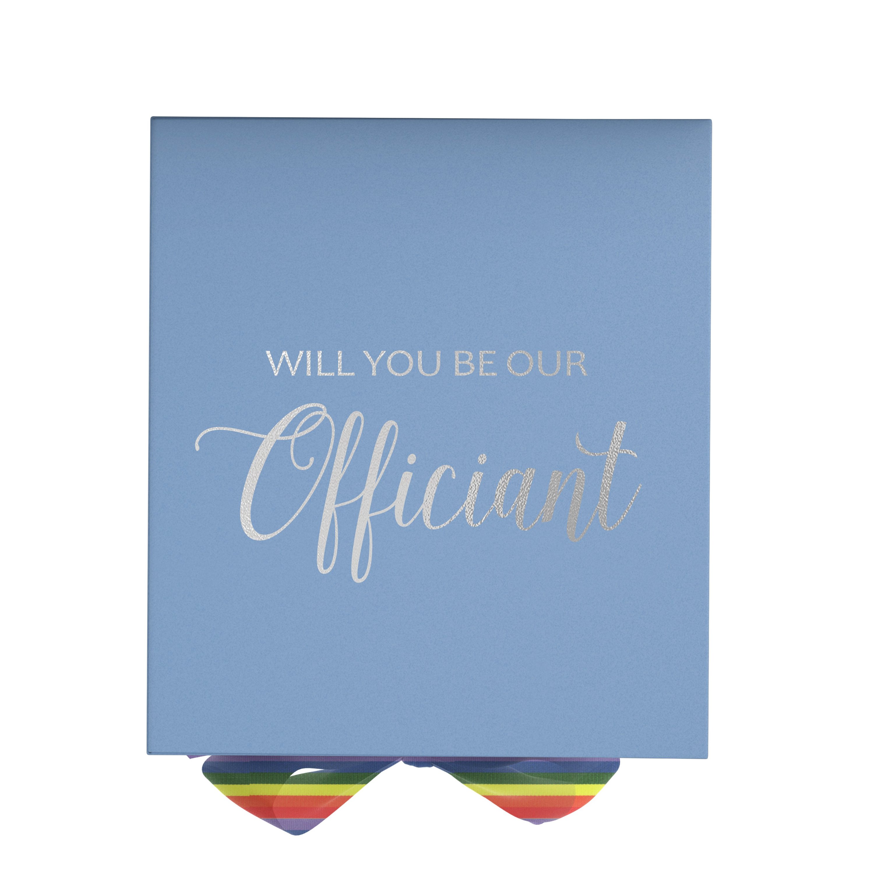 Light blue proposal box with metallic writing and rainbow bow, showcasing elegant design for officiant proposal.