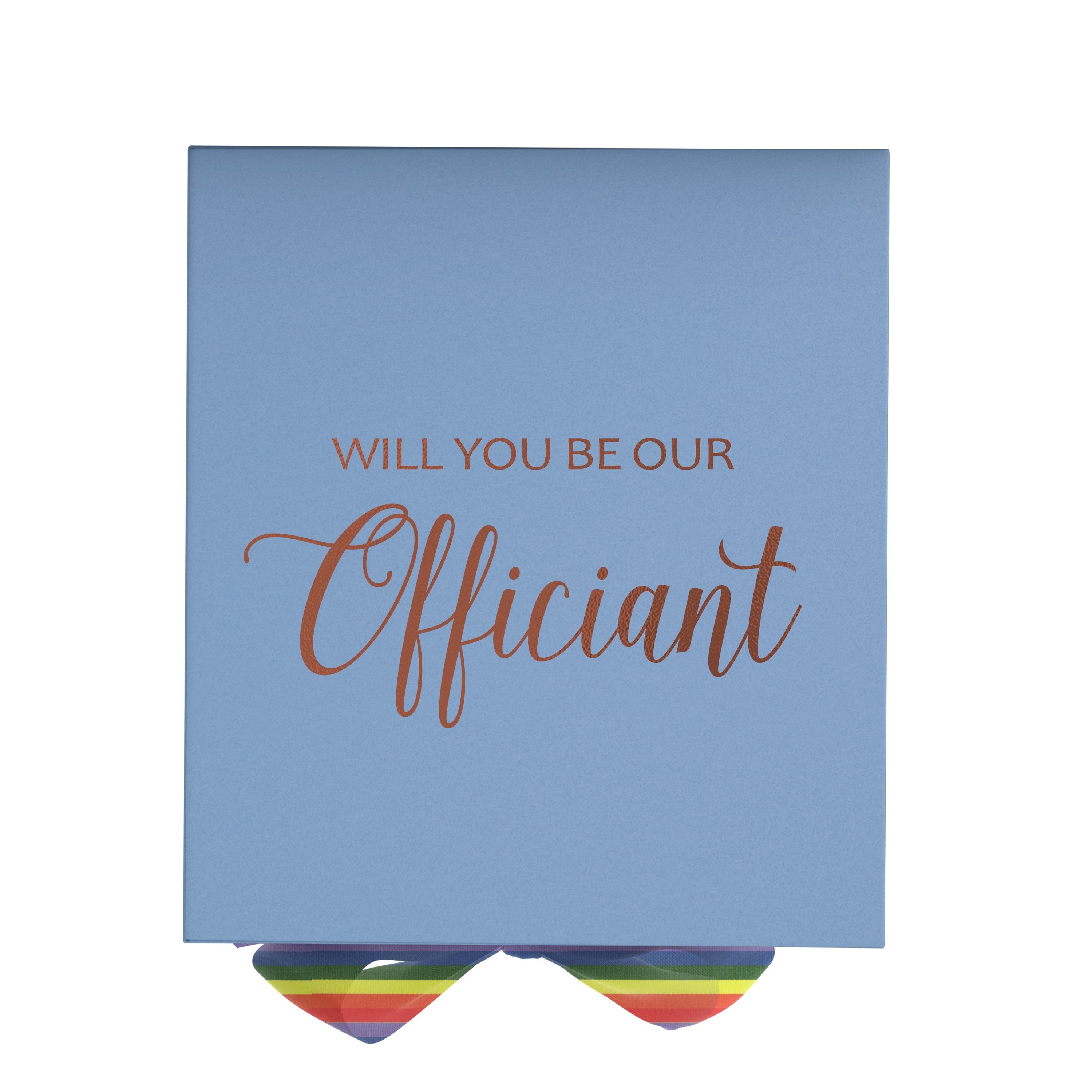 Light blue proposal box with metallic writing and rainbow bow, showcasing elegant design for officiant proposal.