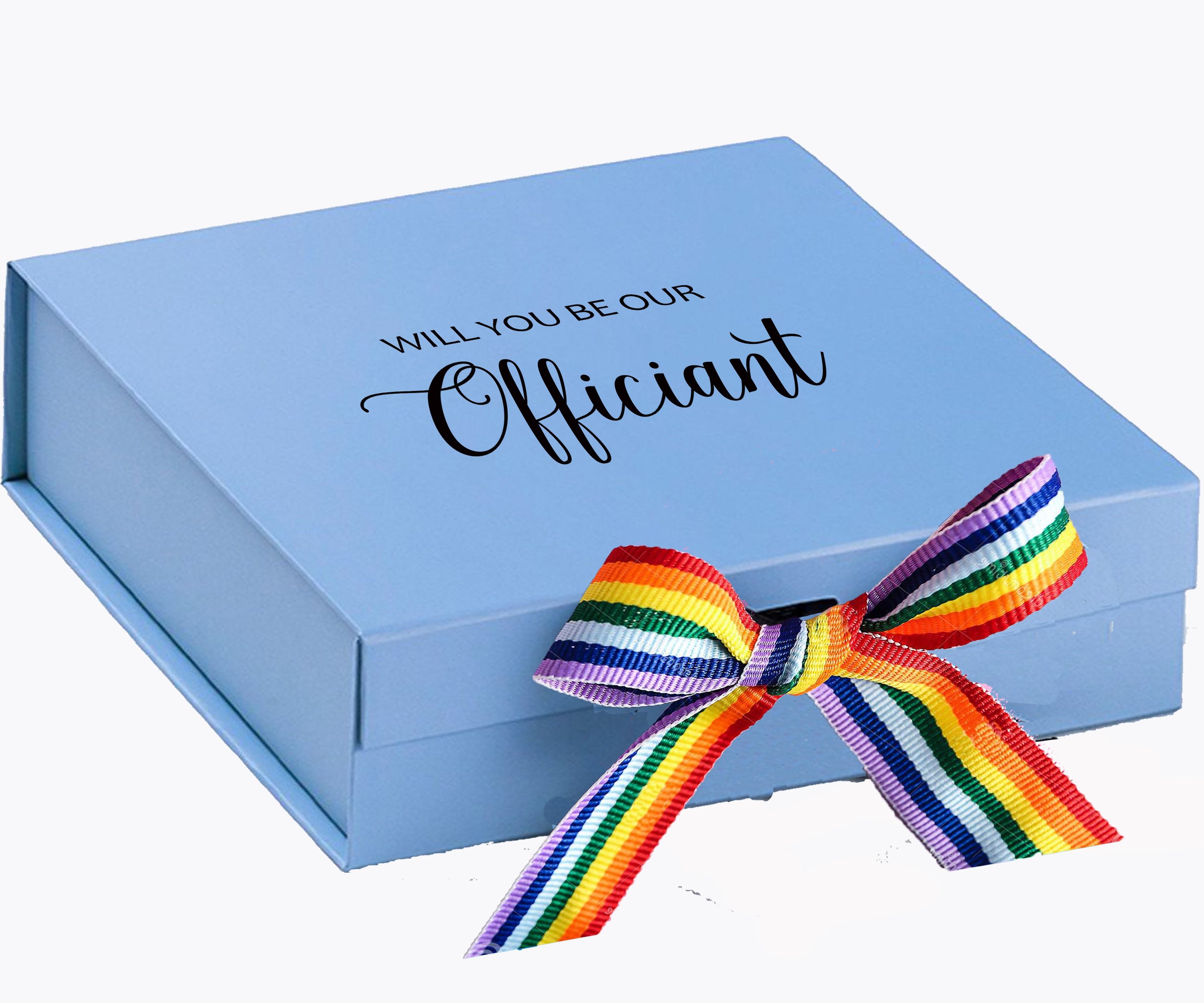 Light blue proposal box with metallic writing and rainbow bow, showcasing elegant design for officiant proposal.