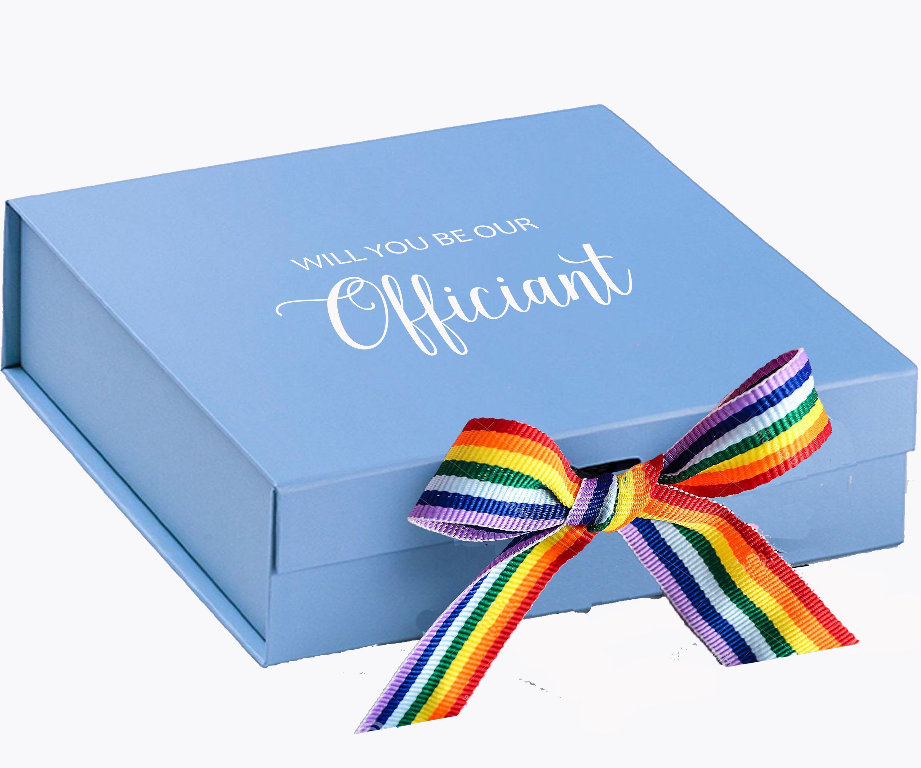 Light blue proposal box with metallic writing and rainbow bow, showcasing elegant design for officiant proposal.