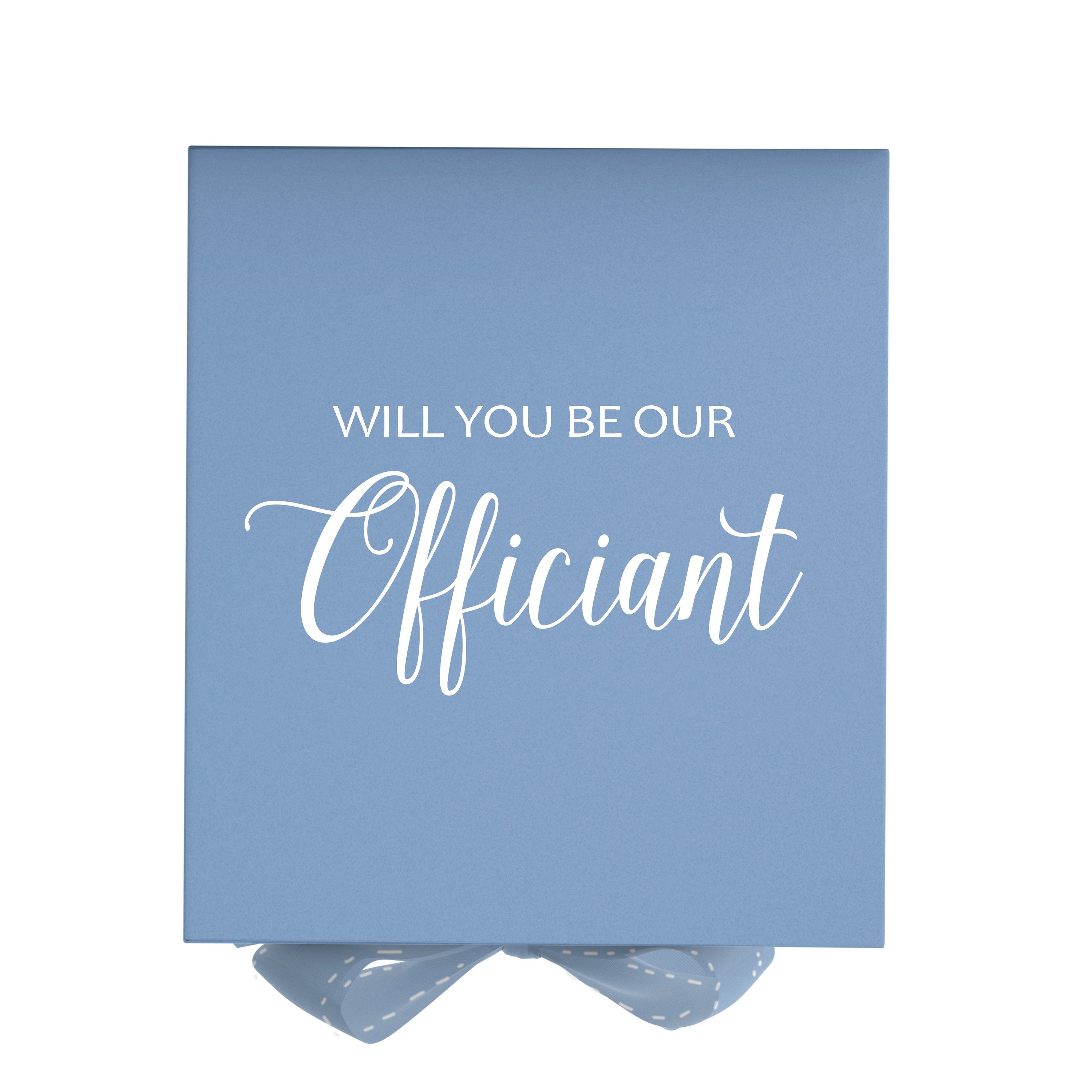 Light blue proposal box with metallic writing and bow, perfect for asking an officiant.