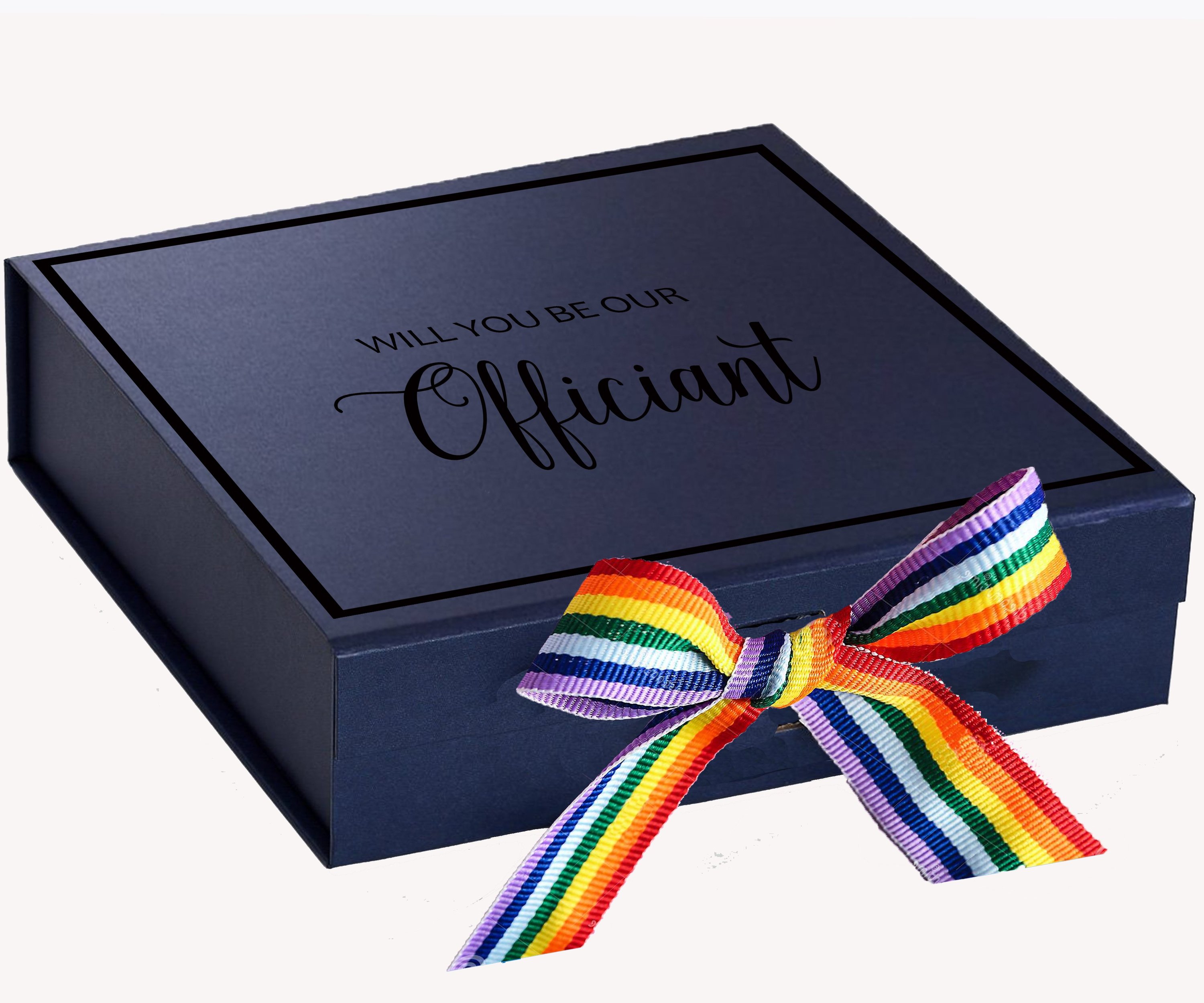 Navy proposal box with metallic writing and rainbow bow, elegantly designed for officiant proposals.