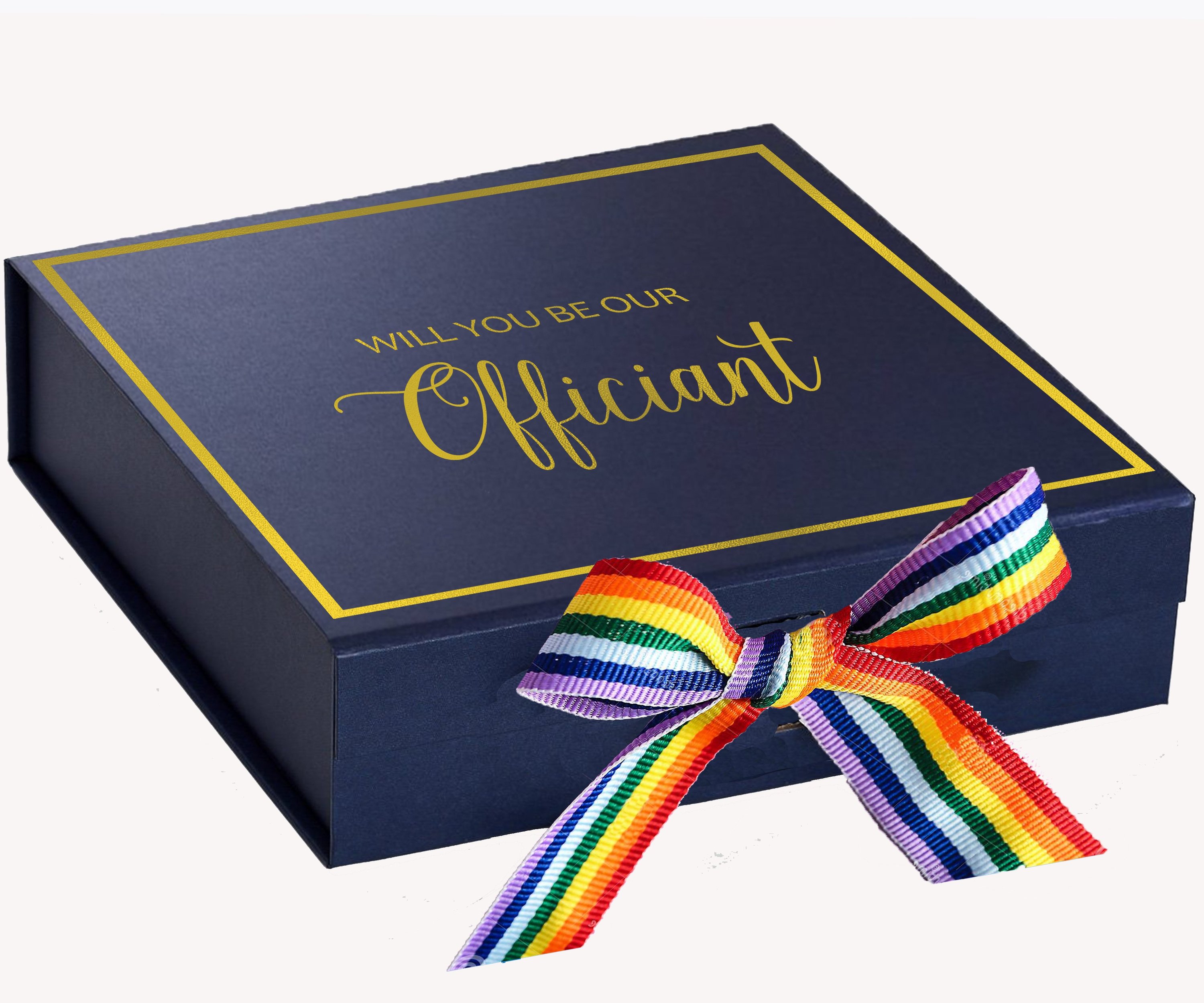 Navy proposal box with metallic writing and rainbow bow, elegantly designed for officiant proposals.