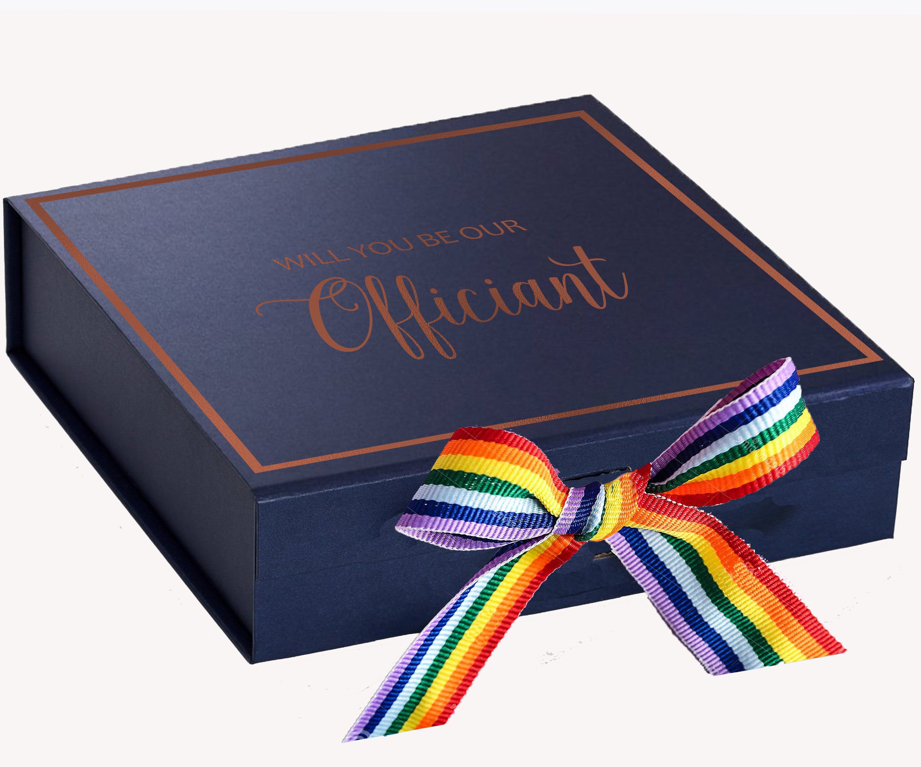 Navy proposal box with metallic writing and rainbow bow, elegantly designed for officiant proposals.