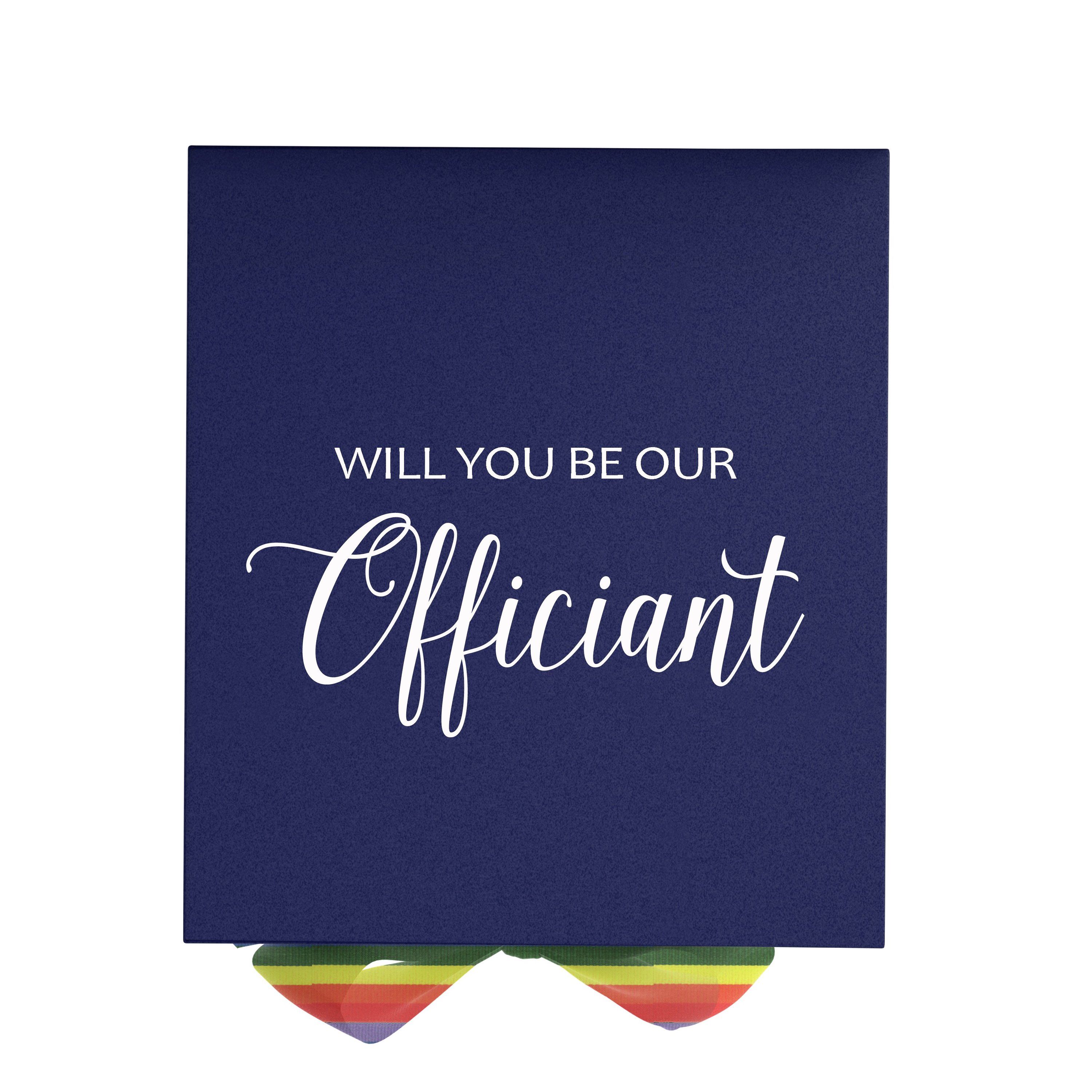 Navy proposal box with metallic writing and rainbow bow, showcasing elegant design and high-quality finish.