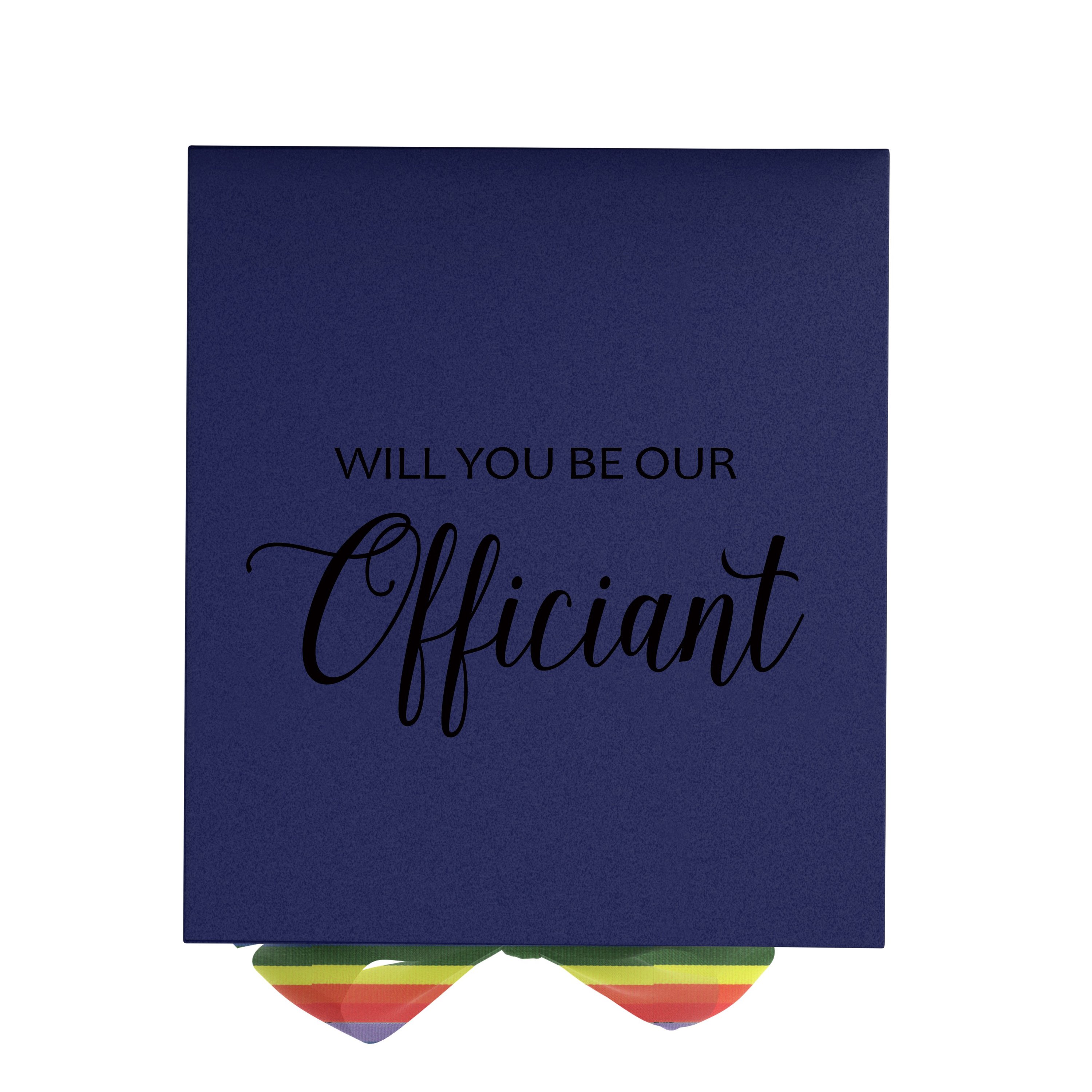 Navy proposal box with metallic writing and rainbow bow, showcasing elegant design and high-quality finish.