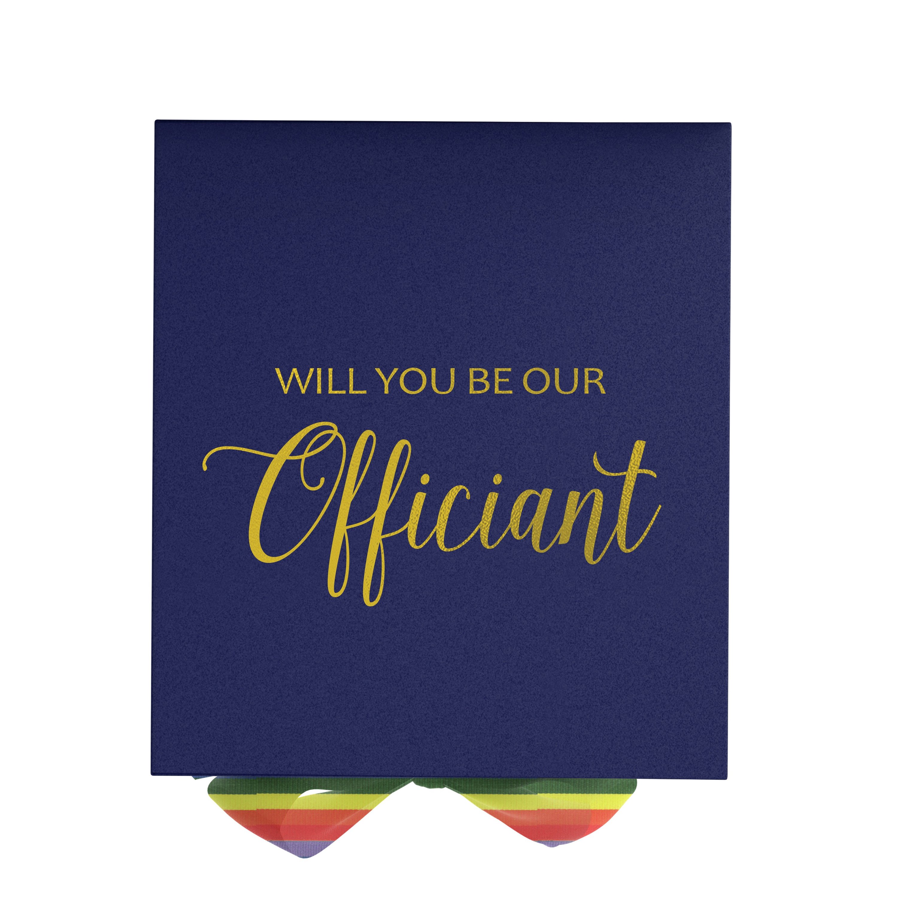 Navy proposal box with metallic writing and rainbow bow, showcasing elegant design and high-quality finish.