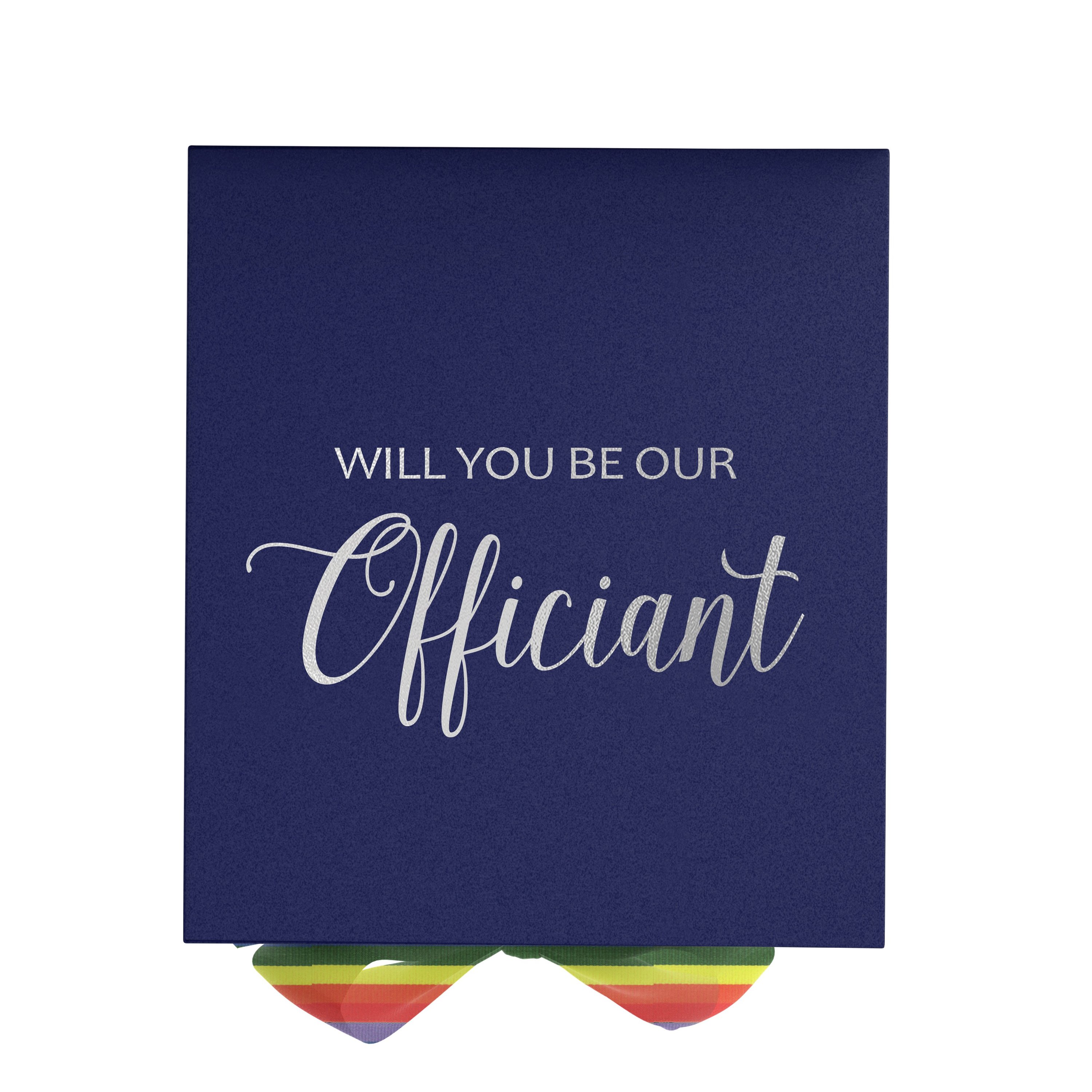 Navy proposal box with metallic writing and rainbow bow, showcasing elegant design and high-quality finish.