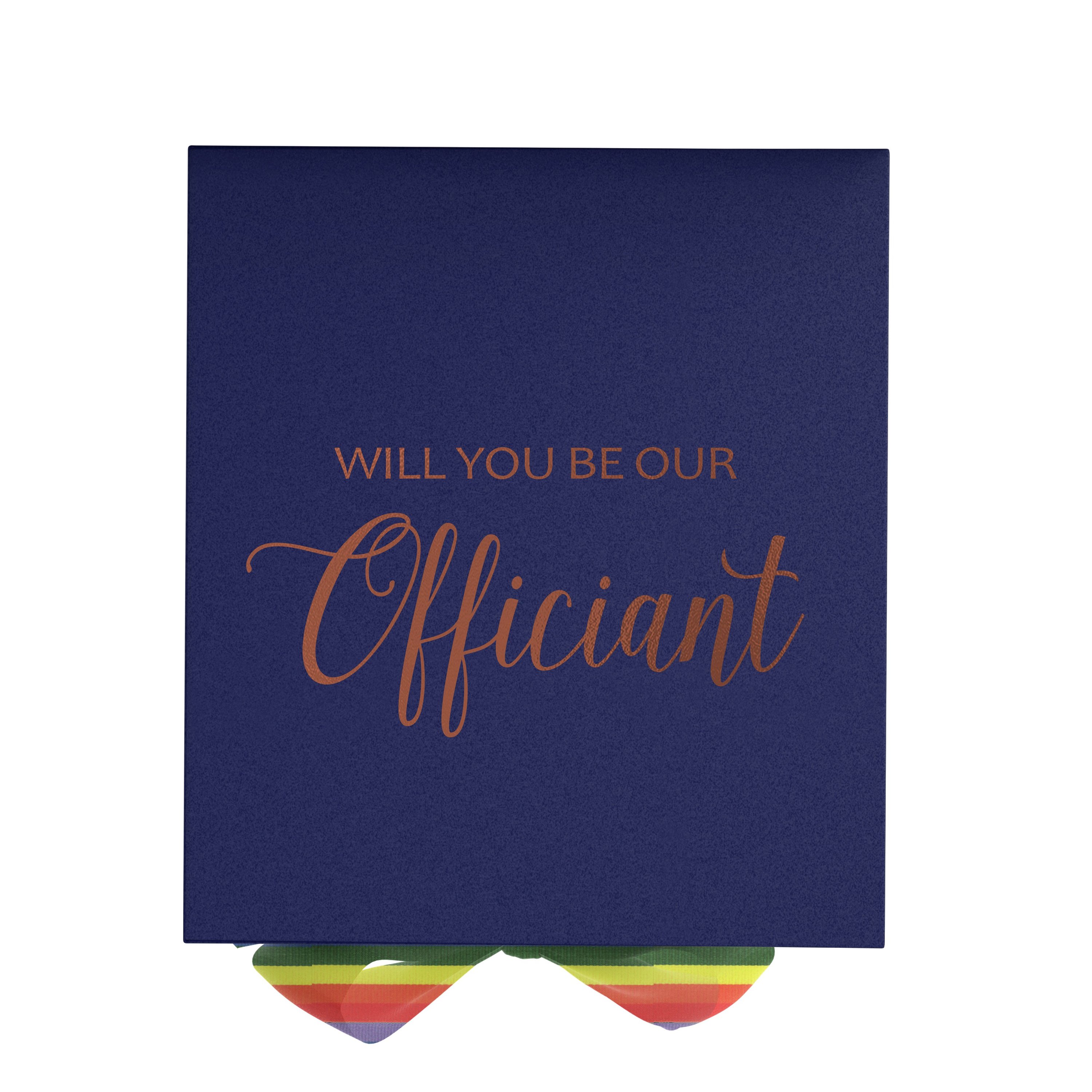 Navy proposal box with metallic writing and rainbow bow, showcasing elegant design and high-quality finish.