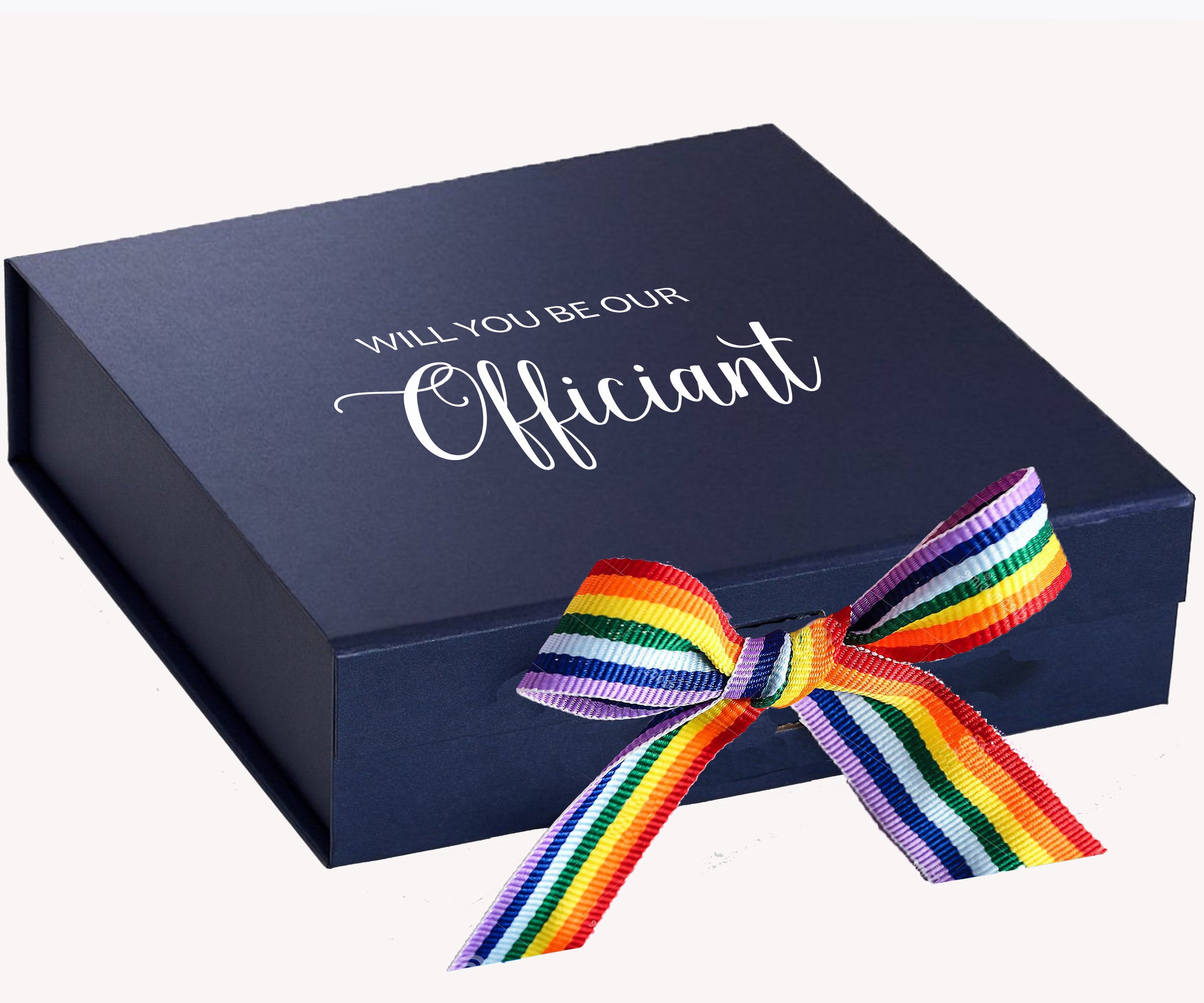 Navy proposal box with metallic writing and rainbow bow, showcasing elegant design and high-quality finish.