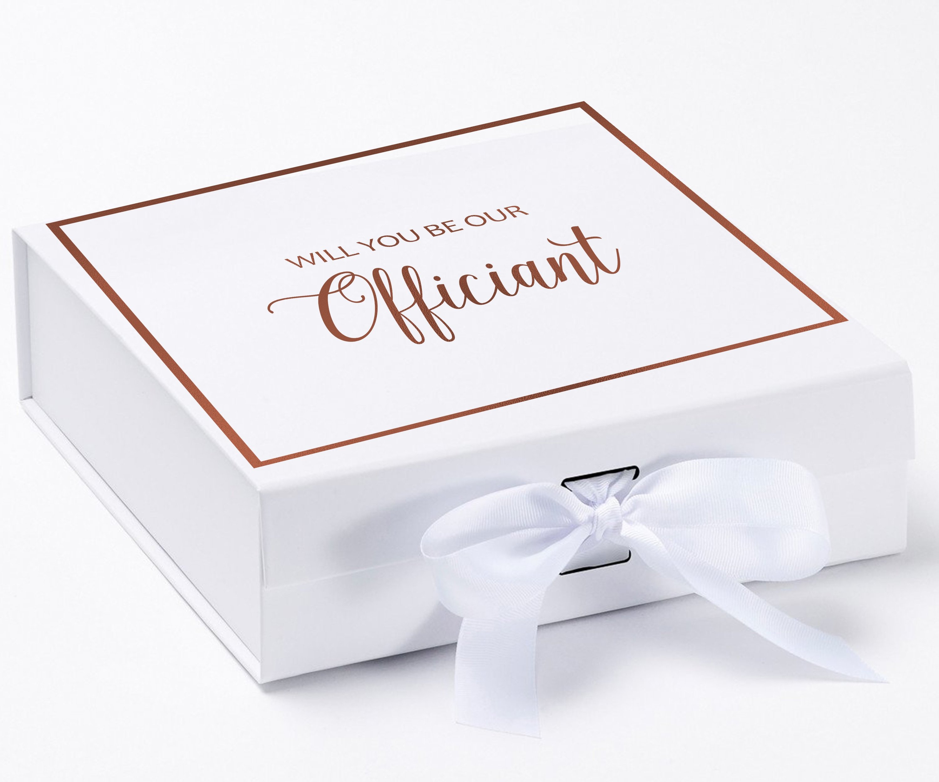 Elegant white proposal box with metallic writing, featuring a white bow and a luxurious finish.