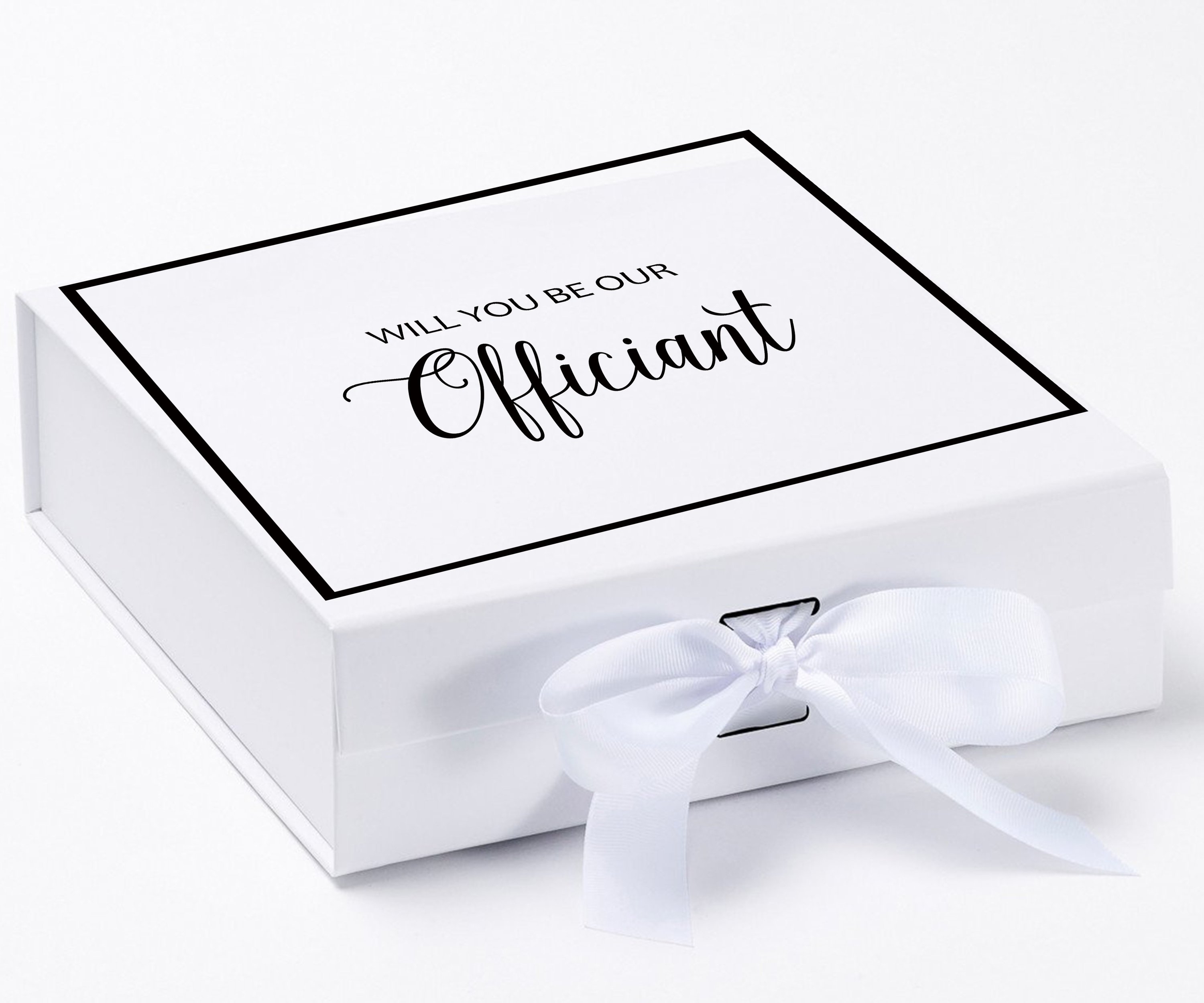 Elegant white proposal box with metallic writing, featuring a white bow and a luxurious finish.