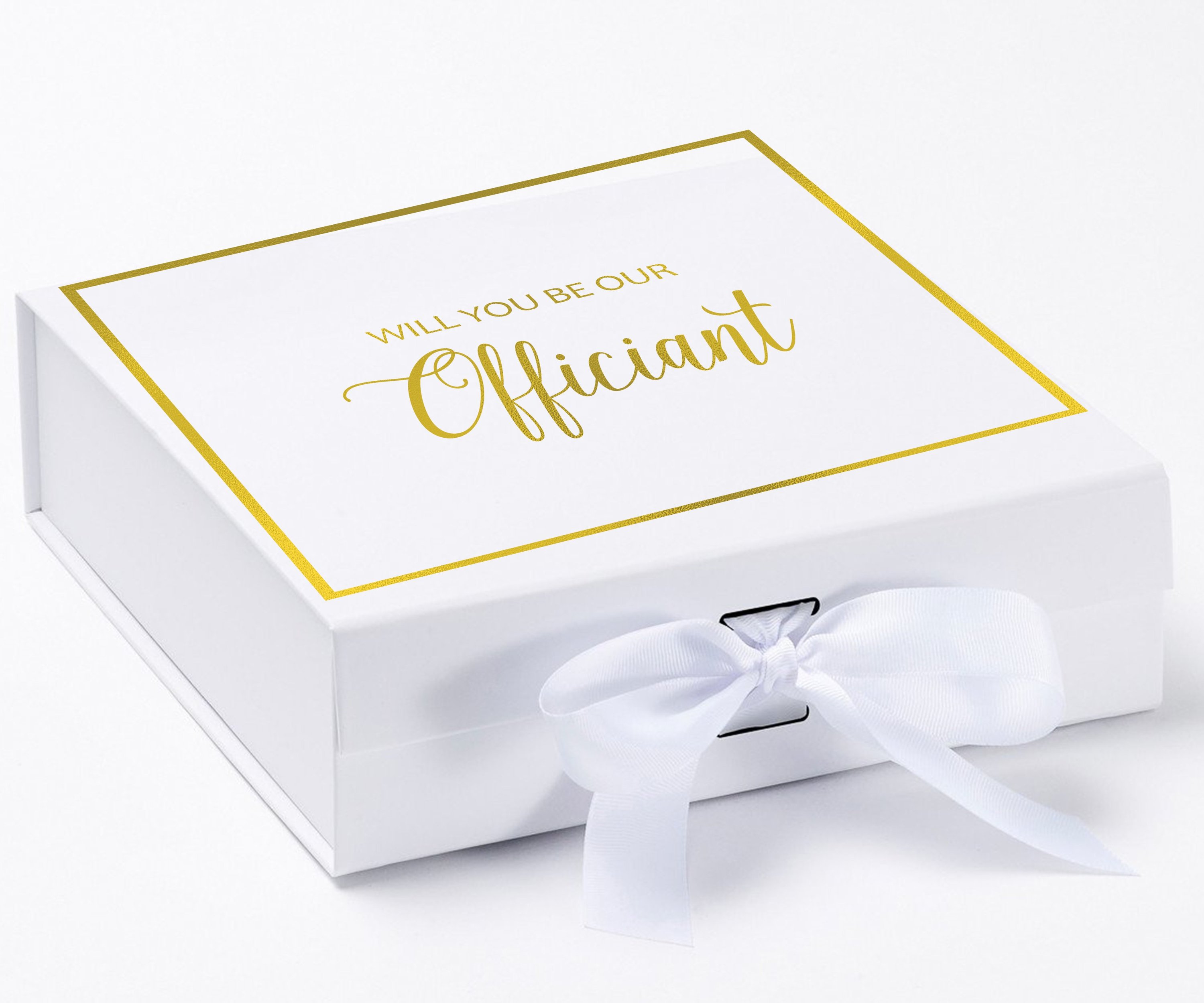 Elegant white proposal box with metallic writing, featuring a white bow and a luxurious finish.