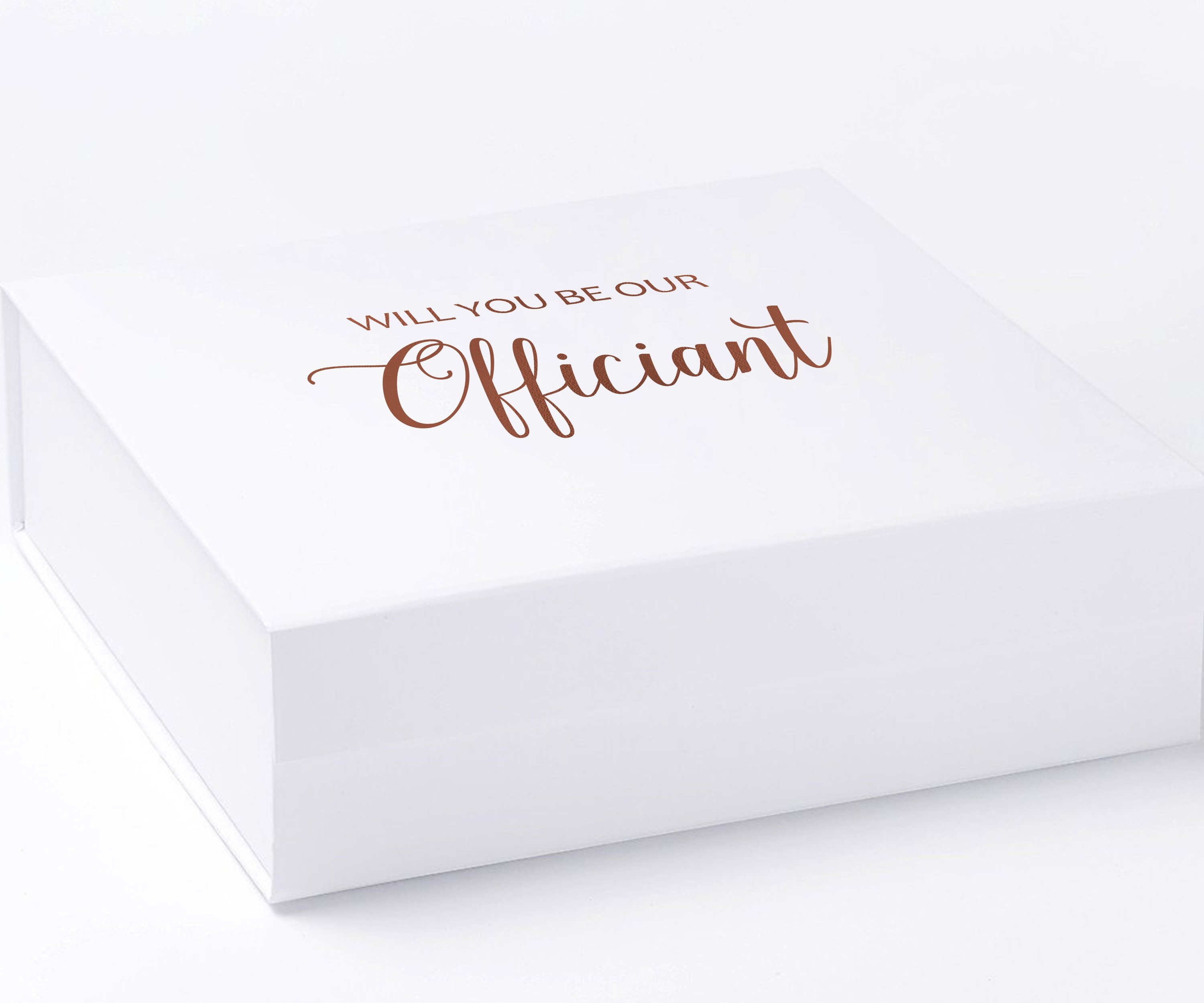 Elegant white proposal box with metallic writing, showcasing a clean design without borders or ribbons.