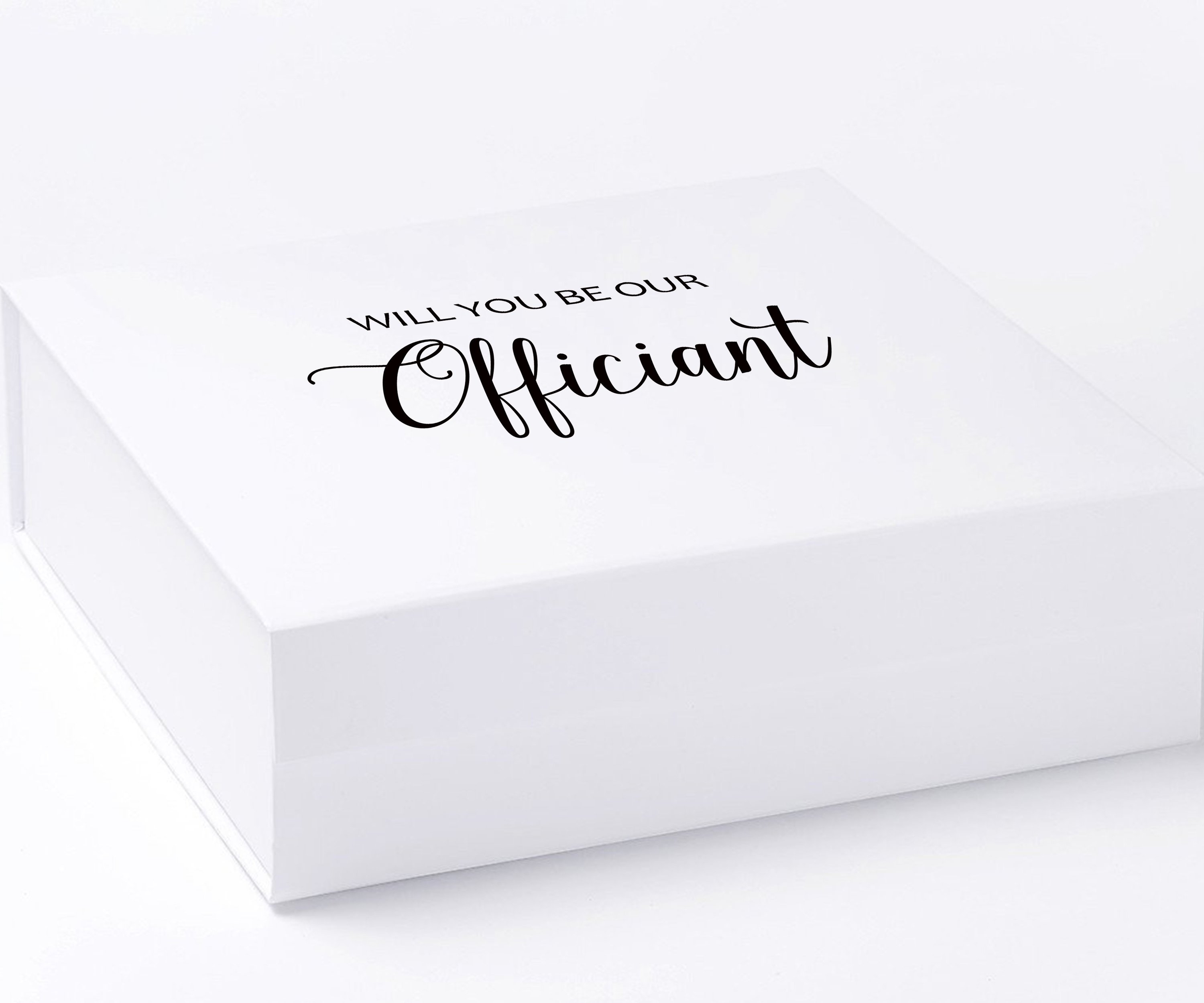 Elegant white proposal box with metallic writing, showcasing a clean design without borders or ribbons.