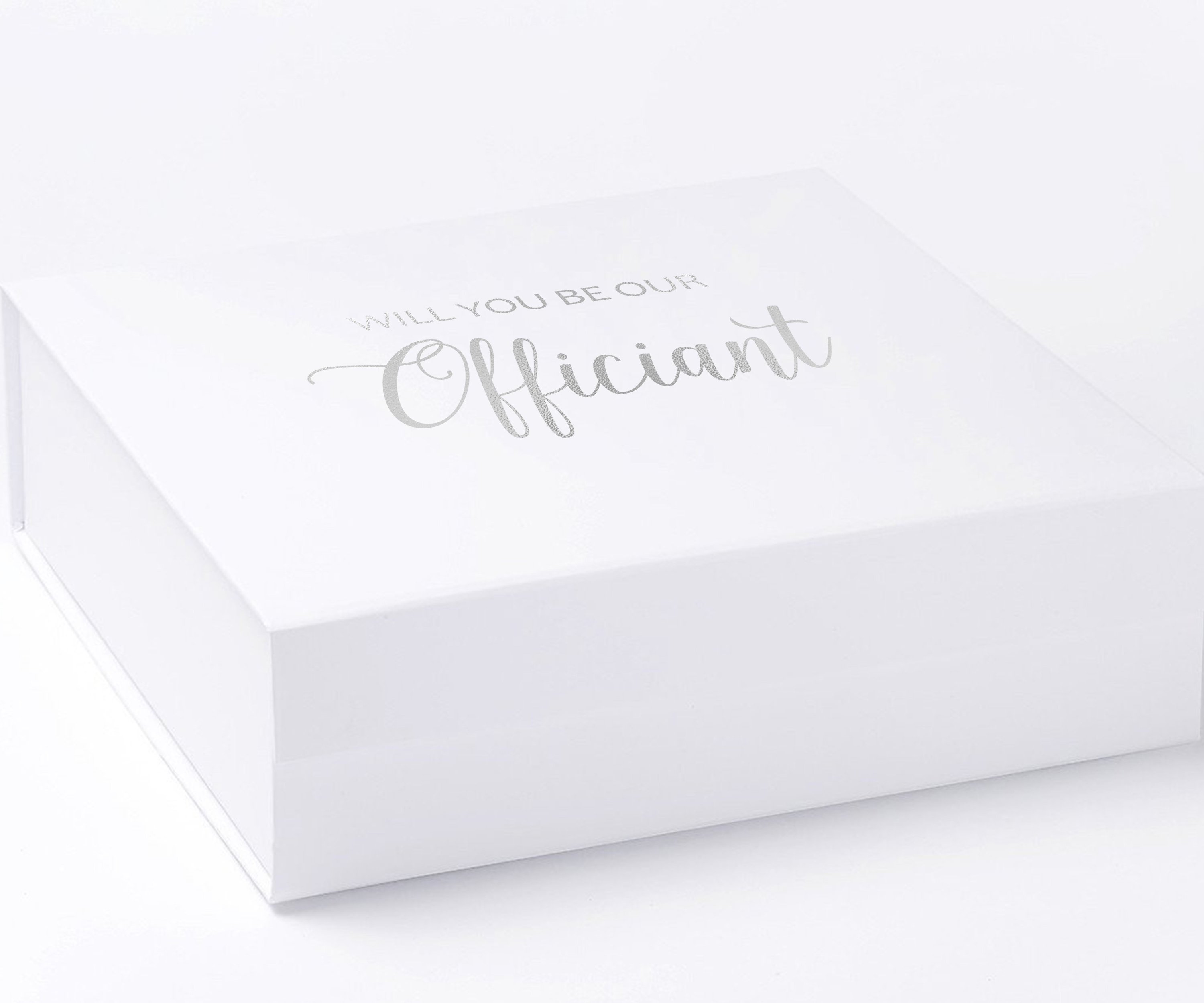 Elegant white proposal box with metallic writing, showcasing a clean design without borders or ribbons.
