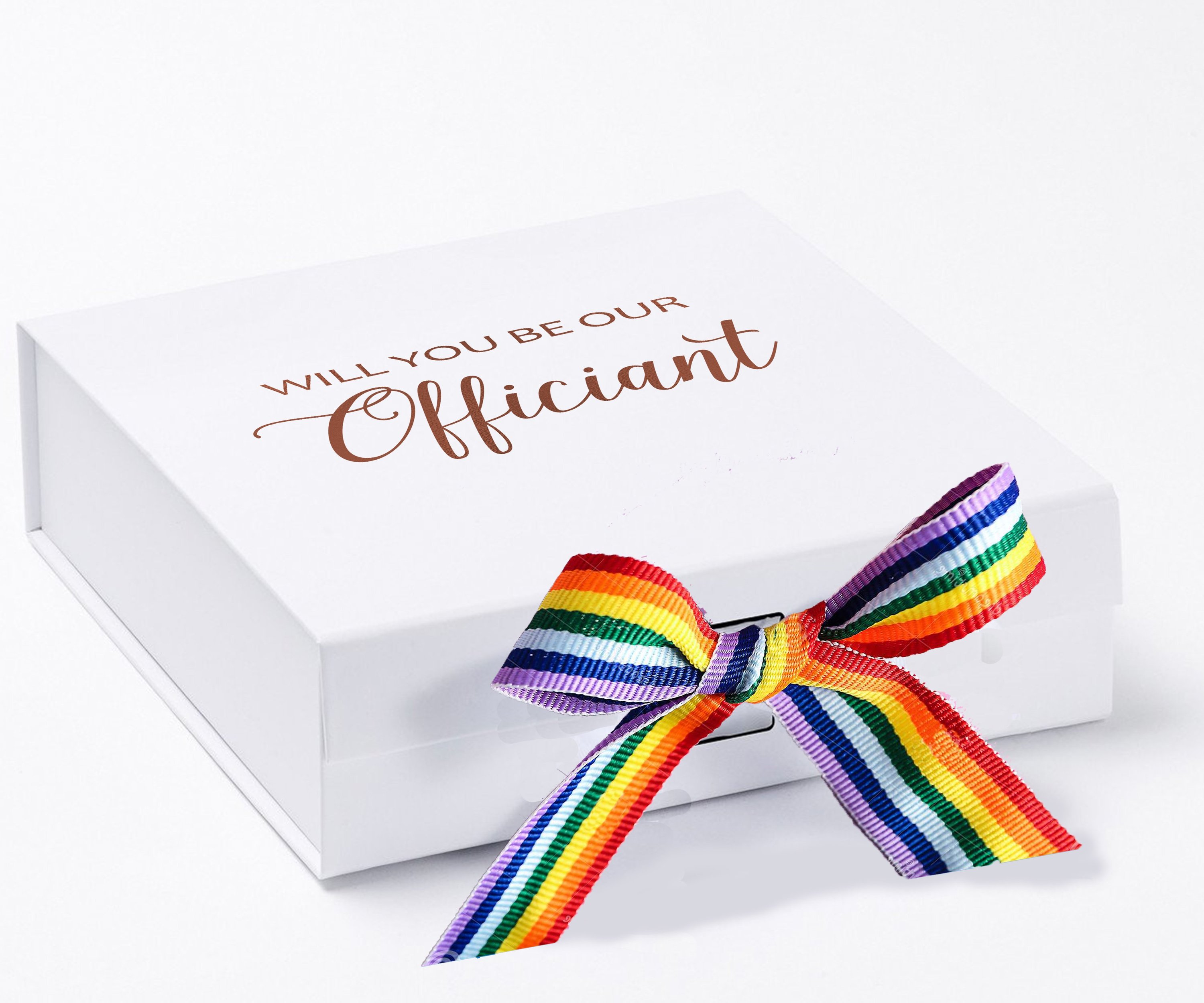 Elegant white proposal box with metallic writing and rainbow bow, perfect for officiant proposals.