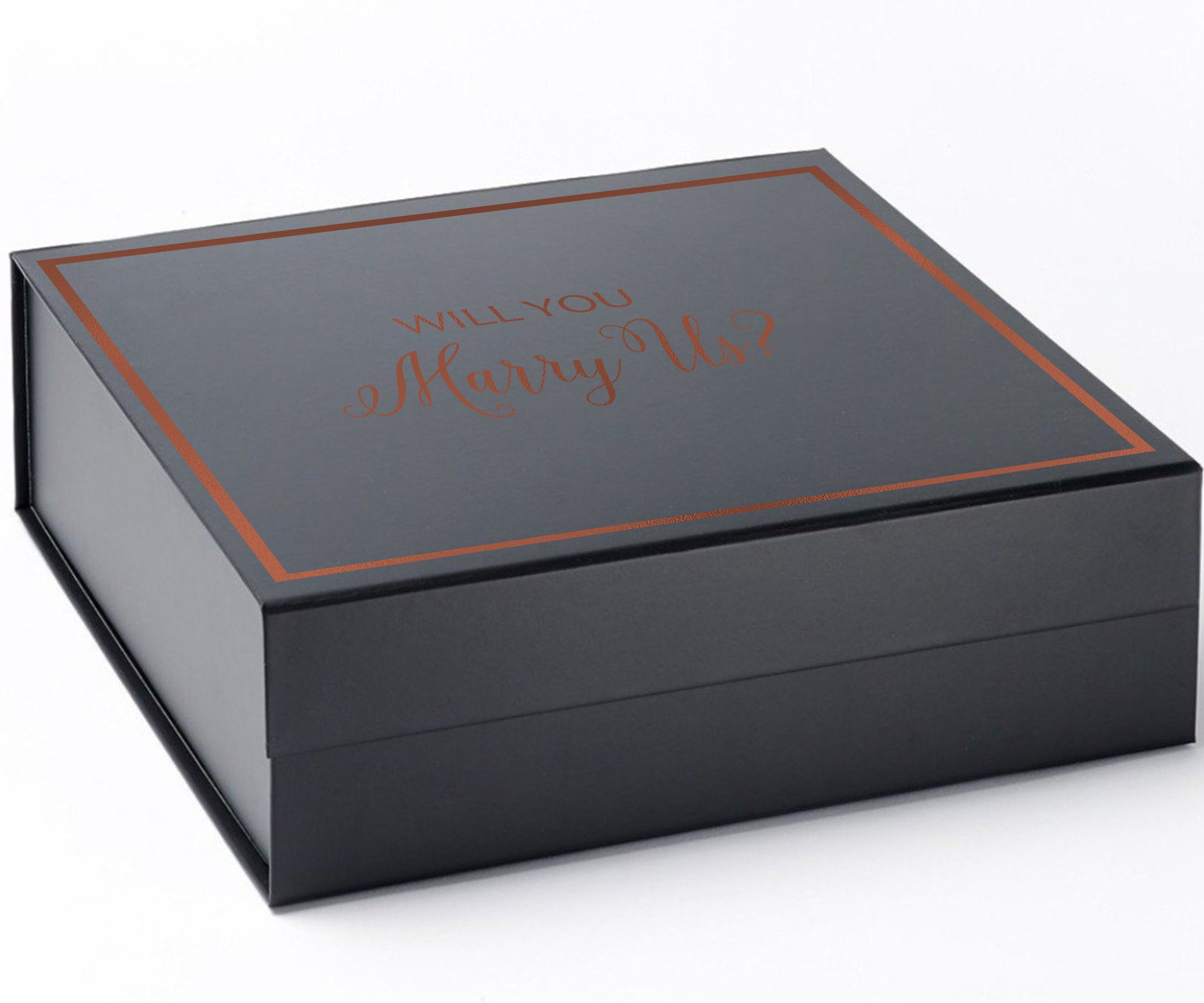 Elegant black proposal box with metallic writing on the lid, showcasing a sleek design without ribbon.