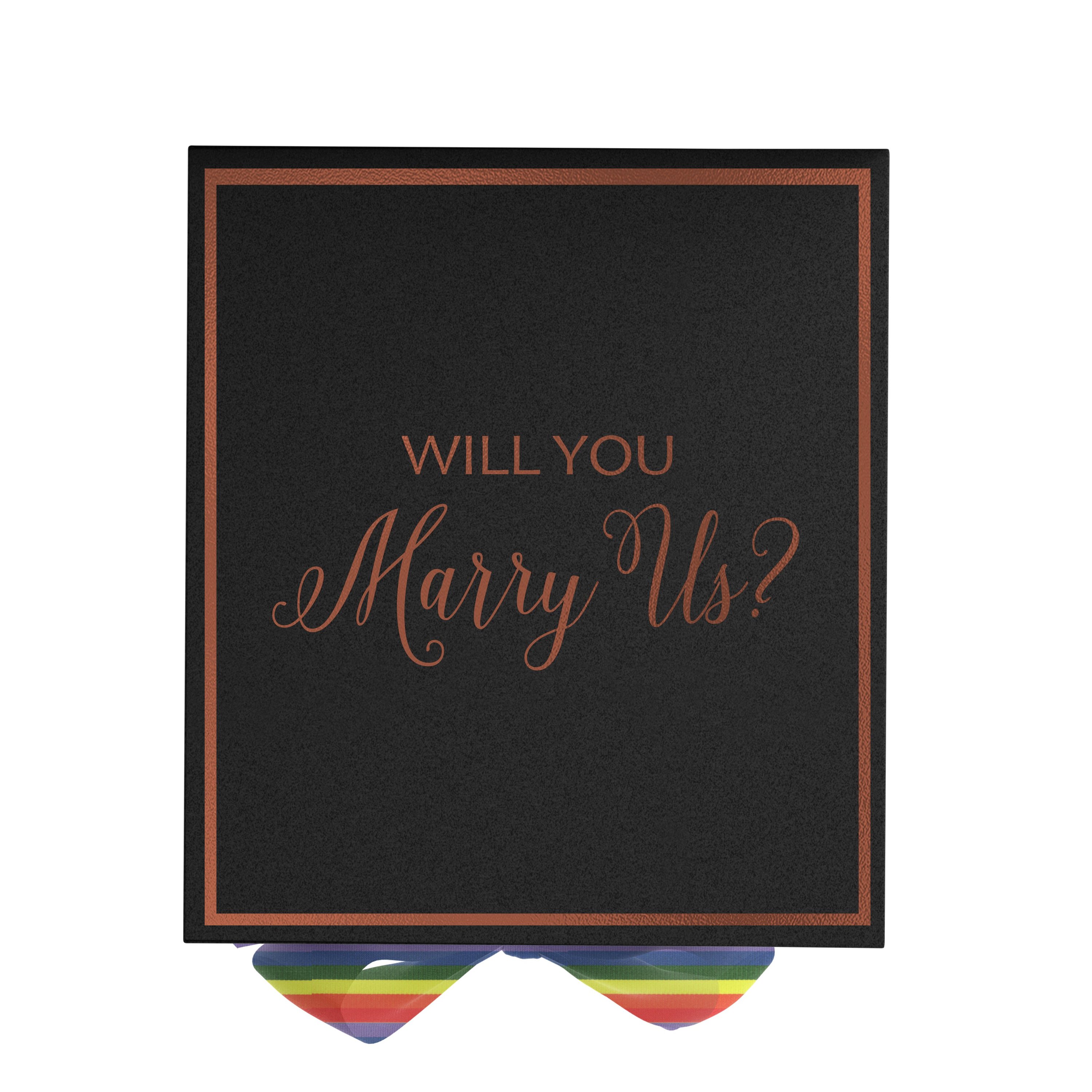 Elegant black proposal box with metallic writing and rainbow ribbon, perfect for engagements.