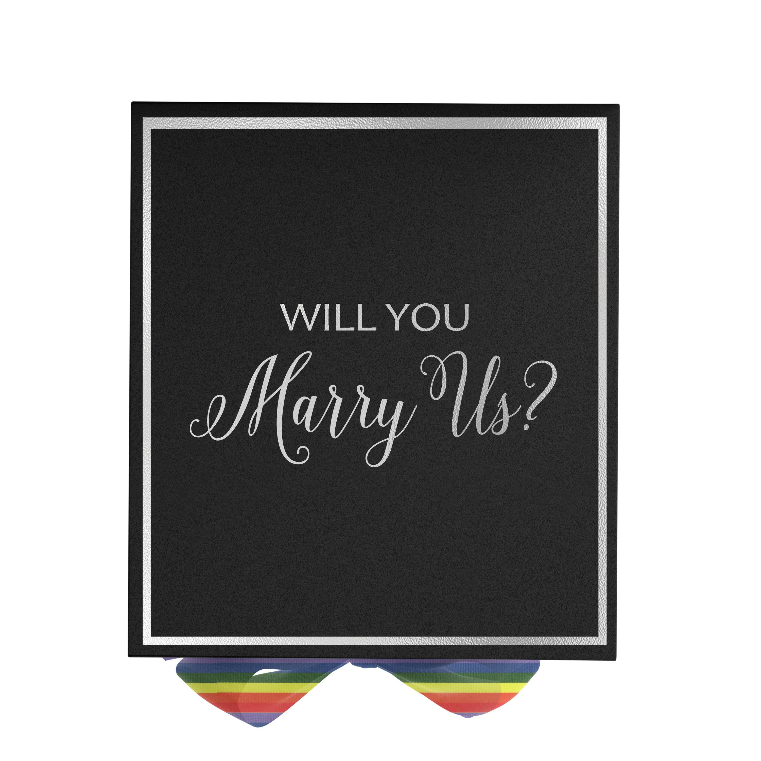 Elegant black proposal box with metallic writing and rainbow ribbon, perfect for engagements.
