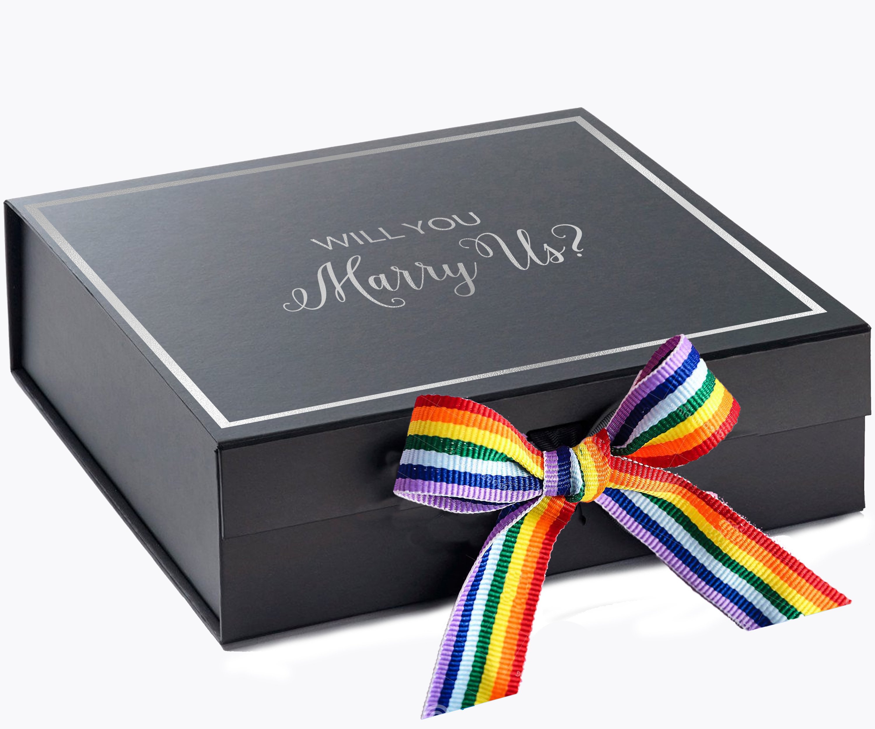 Elegant black proposal box with metallic writing and rainbow ribbon, perfect for engagements.