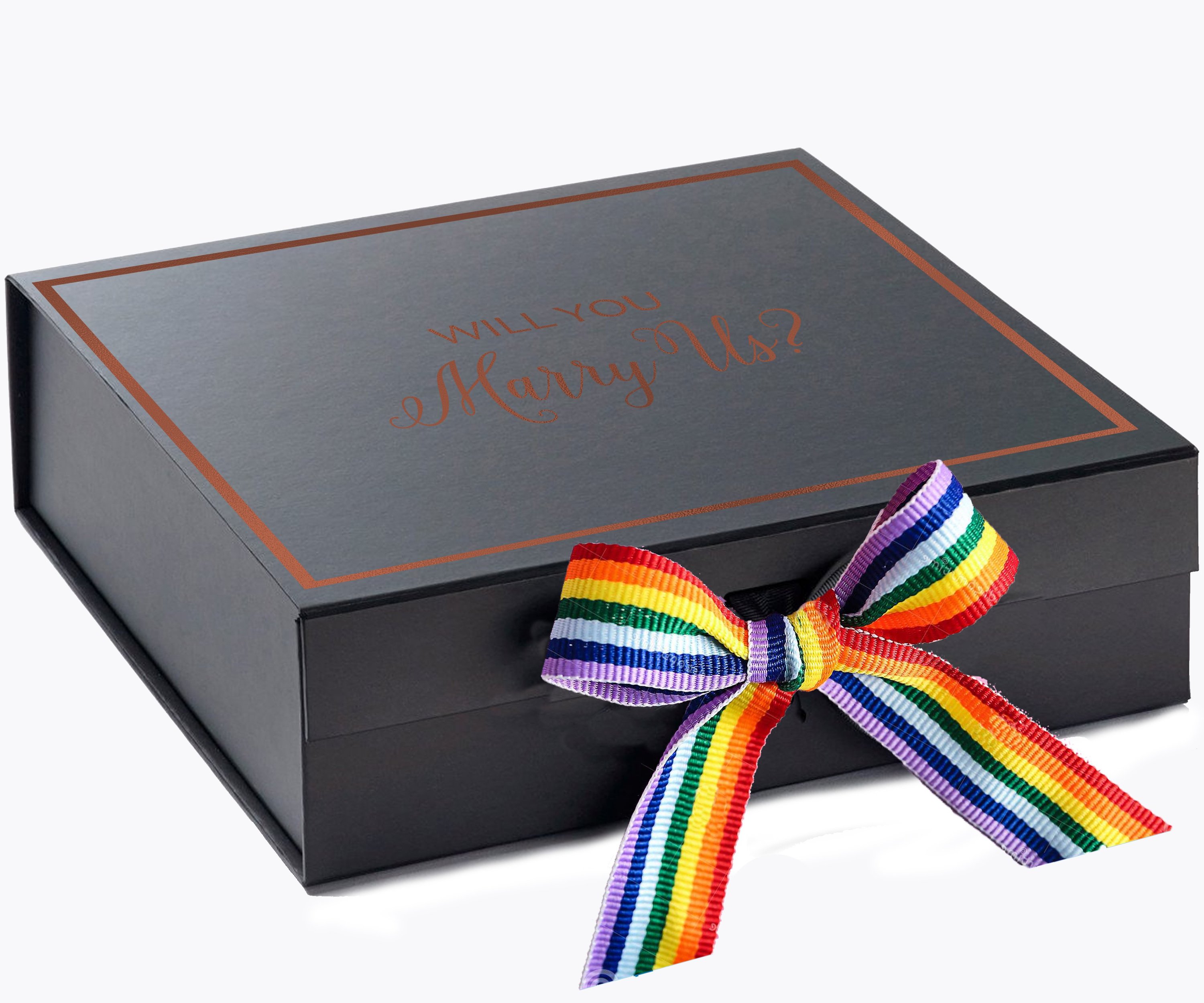 Elegant black proposal box with metallic writing and rainbow ribbon, perfect for engagements.