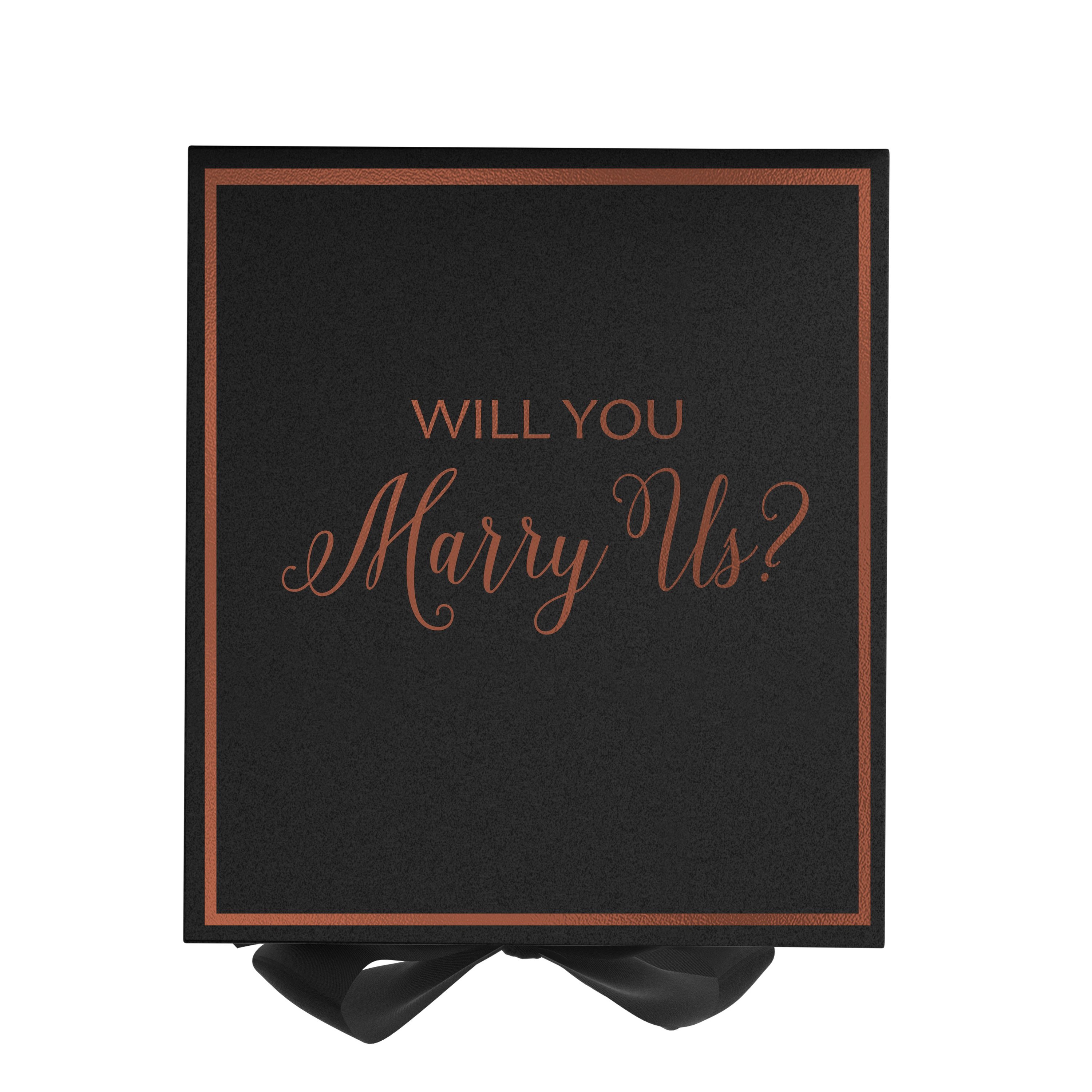 Elegant black proposal box with metallic writing and a black bow, perfect for engagement proposals.
